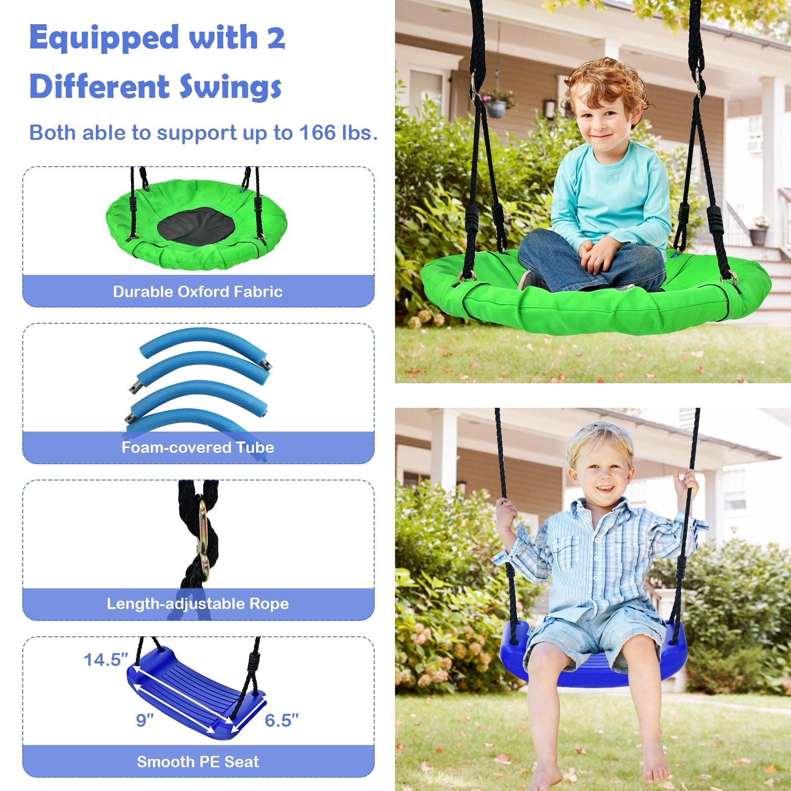 5-In-1 Outdoor Kids Swing Set with A-Shaped Metal Frame and Ground Stake