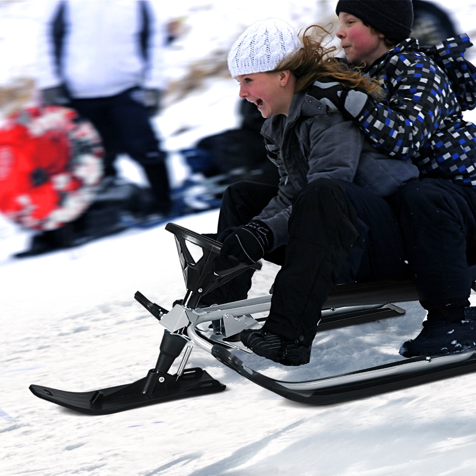 Kids Snow Sled with Steering Wheel and Double Brakes Pull Rope-Gray