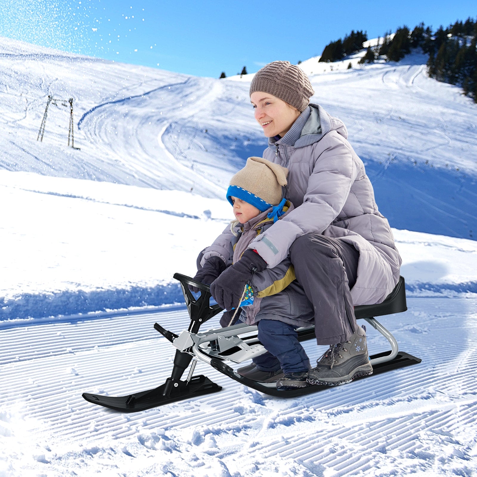 Kids Snow Sled with Steering Wheel and Double Brakes Pull Rope-Gray 