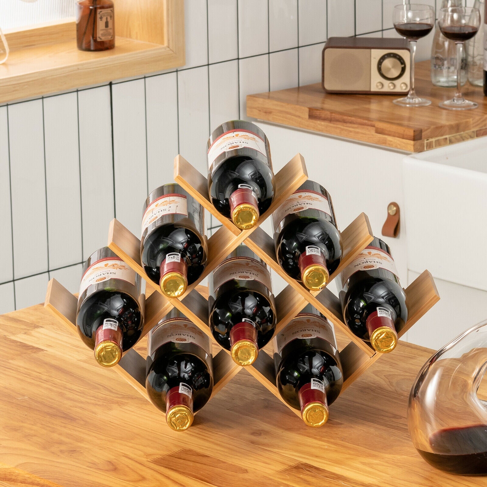 8-Bottle Freestanding Bamboo Wine Rack with Solid Structure-Natural