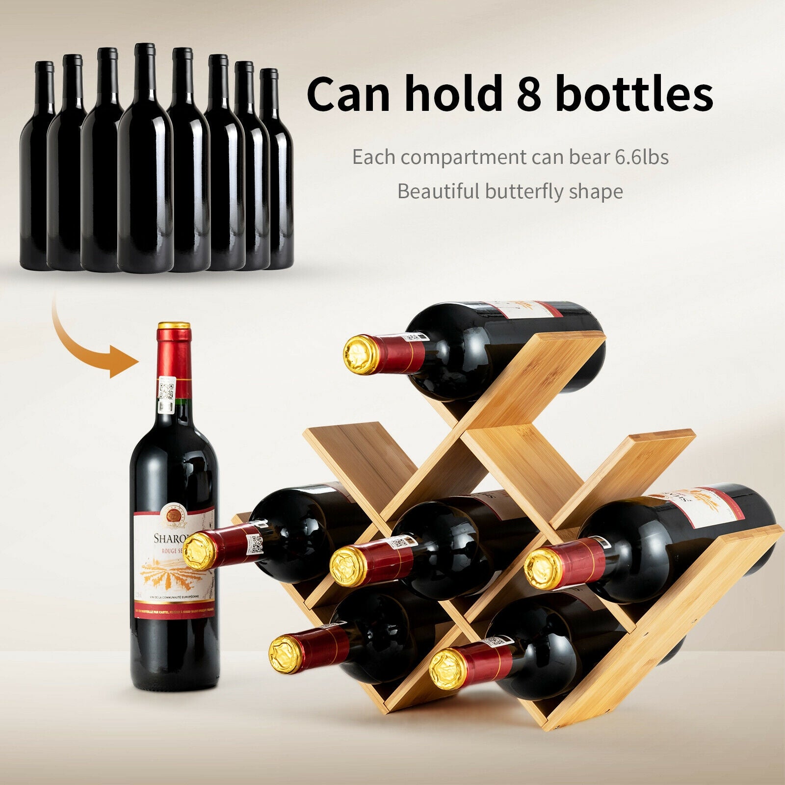 8-Bottle Freestanding Bamboo Wine Rack with Solid Structure-Natural 