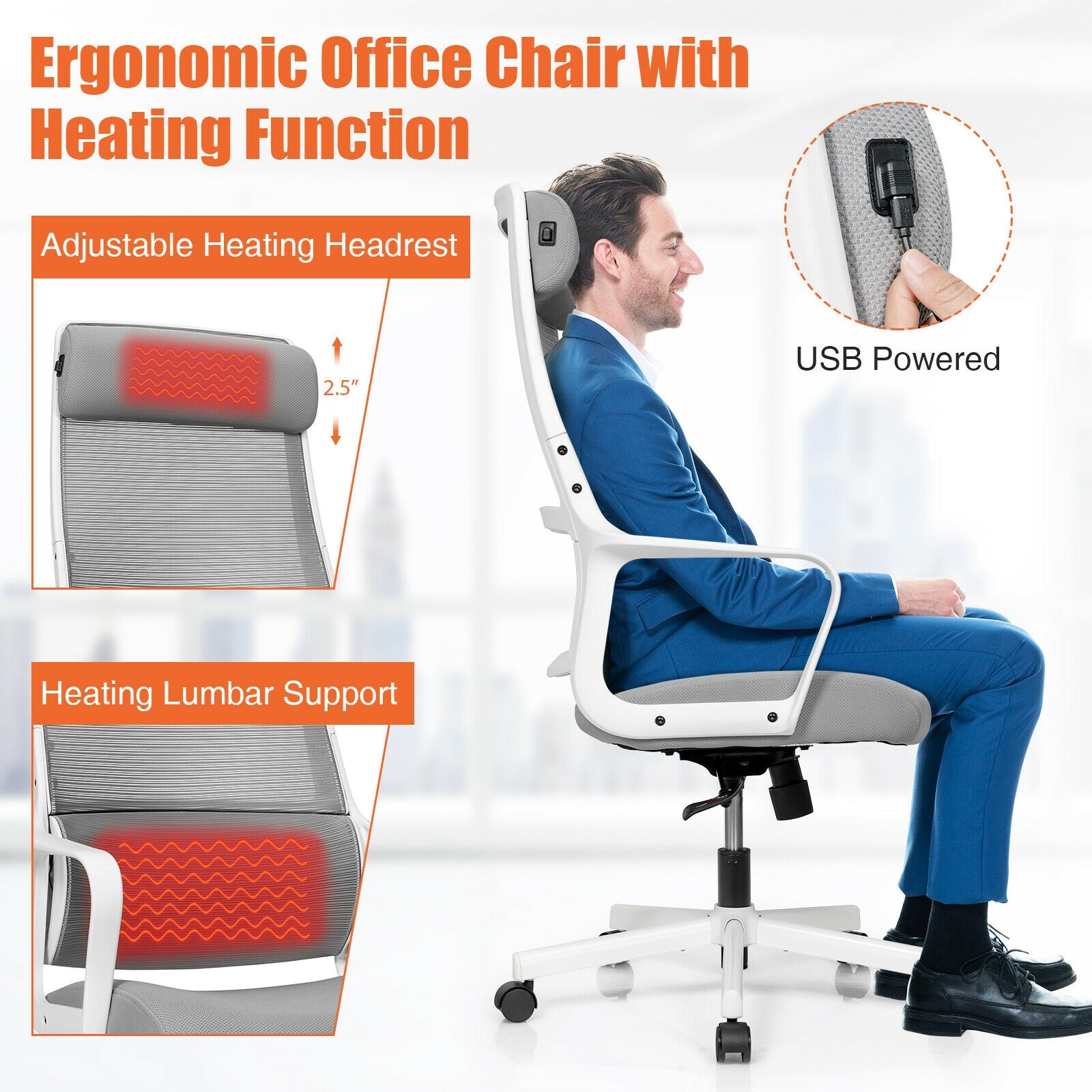 Adjustable Mesh Office Chair with Heating Support Headrest-Gray