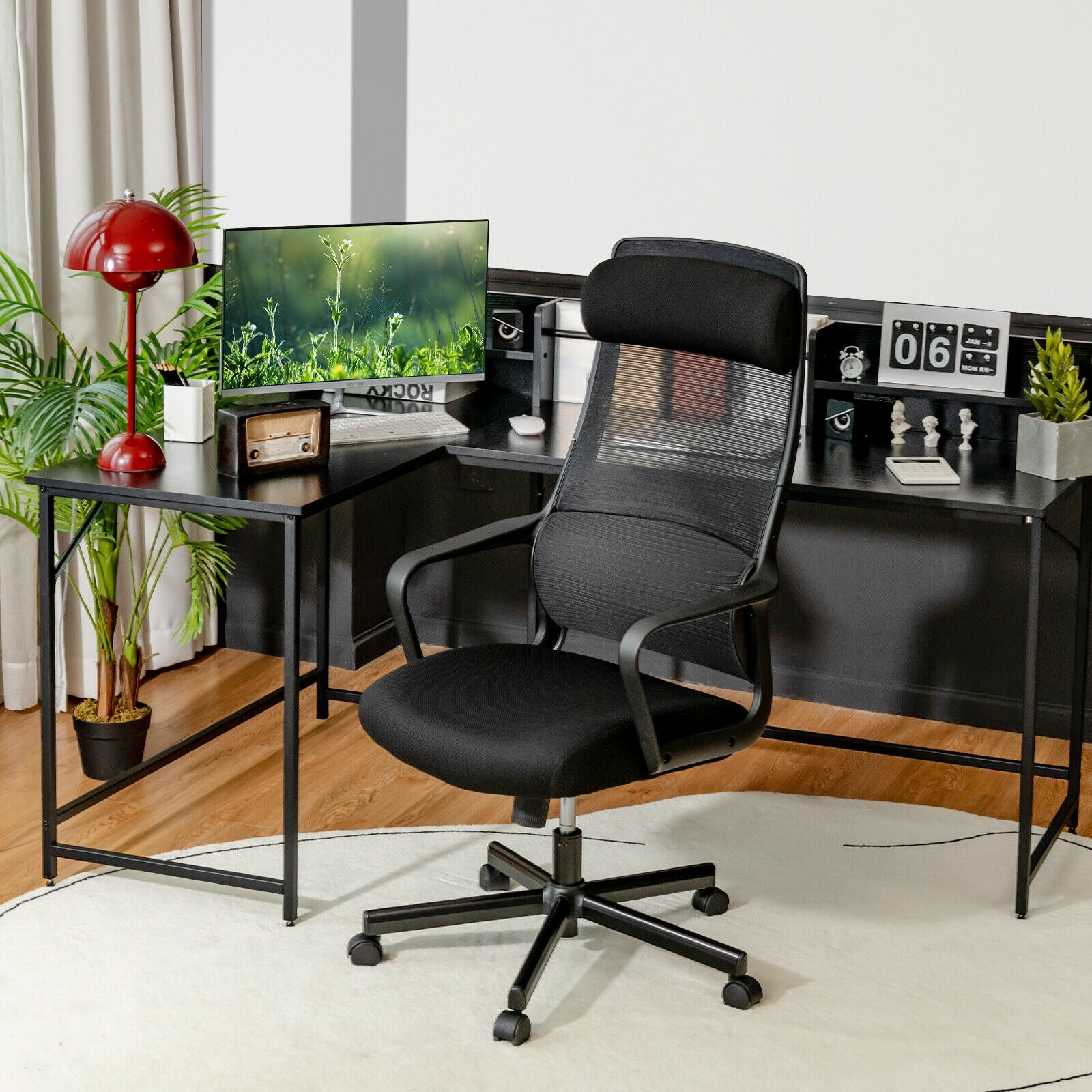 Adjustable Mesh Office Chair with Heating Support Headrest-Black