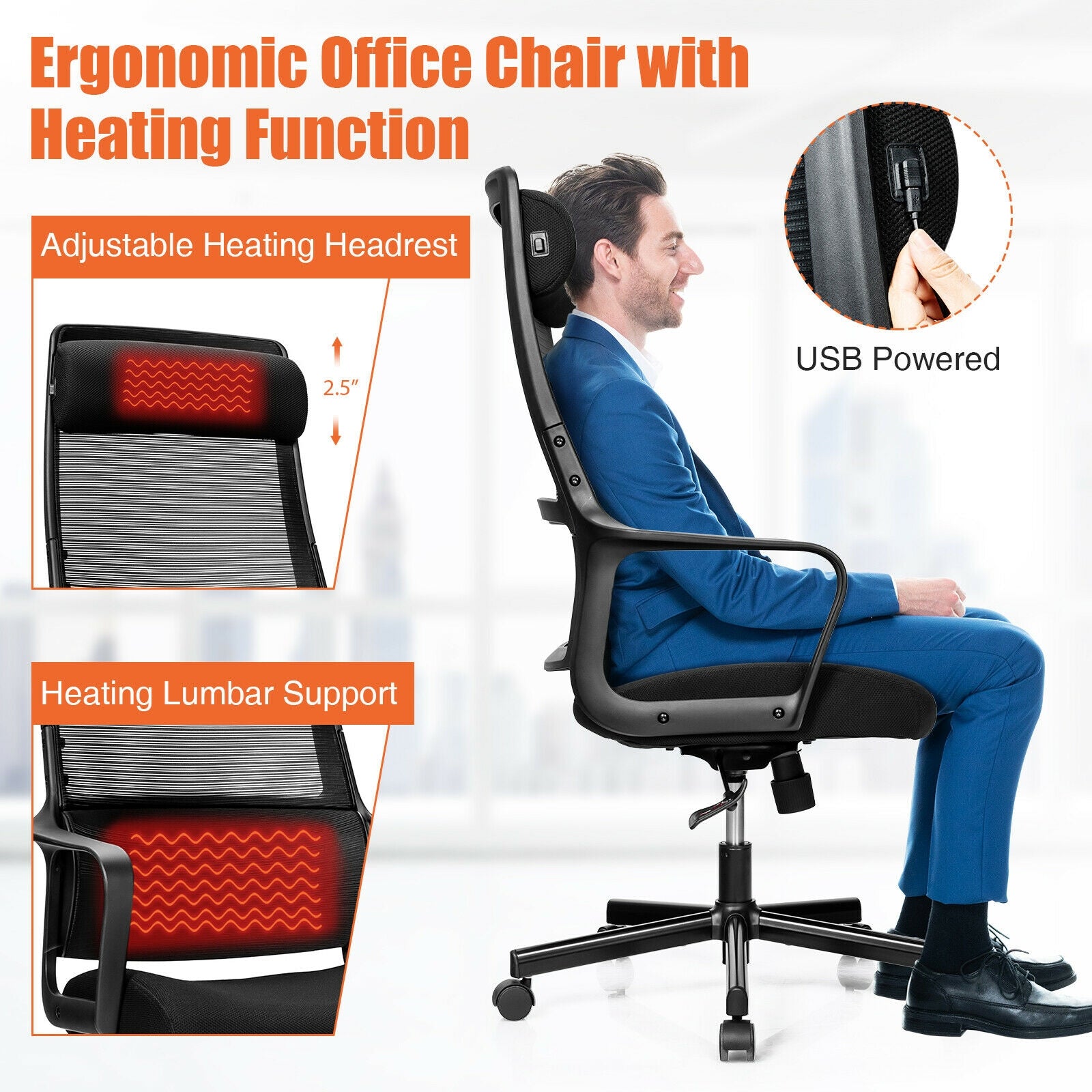 Adjustable Mesh Office Chair with Heating Support Headrest-Black