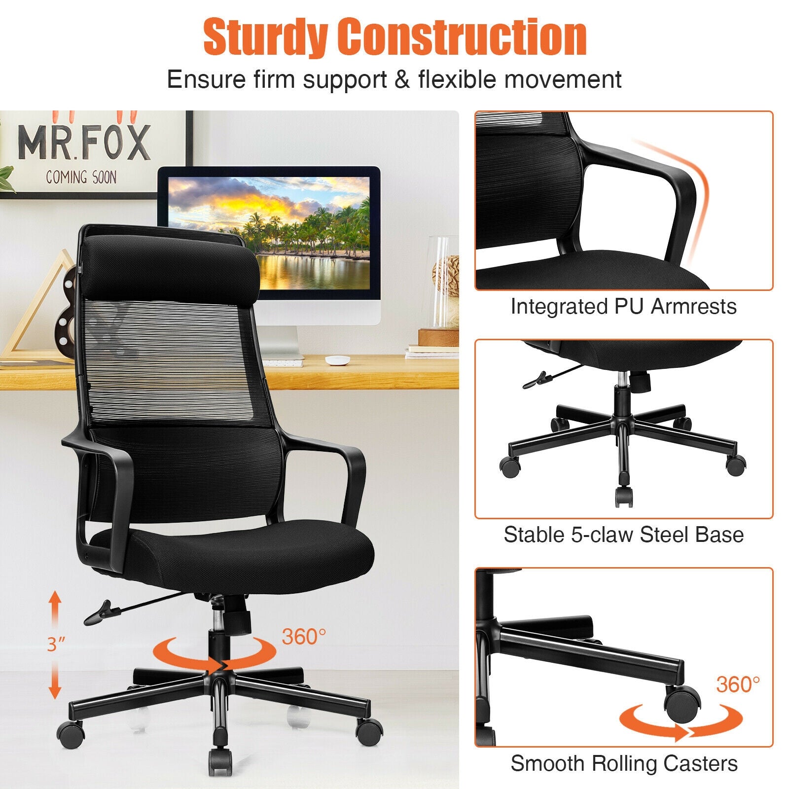 Adjustable Mesh Office Chair with Heating Support Headrest-Black