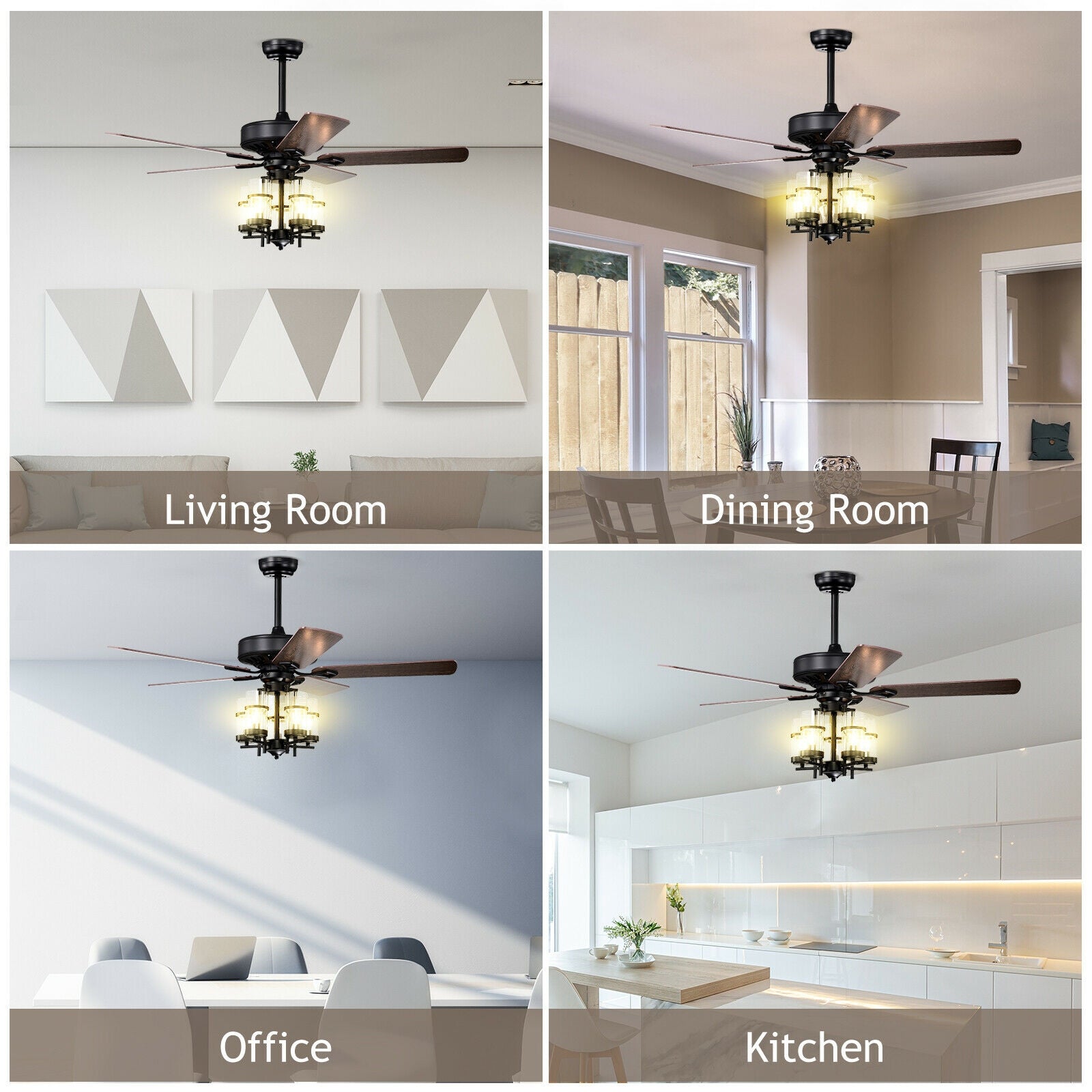 50 Inch Noiseless Ceiling Fan Light with Explosion-proof Glass Lampshades-Black