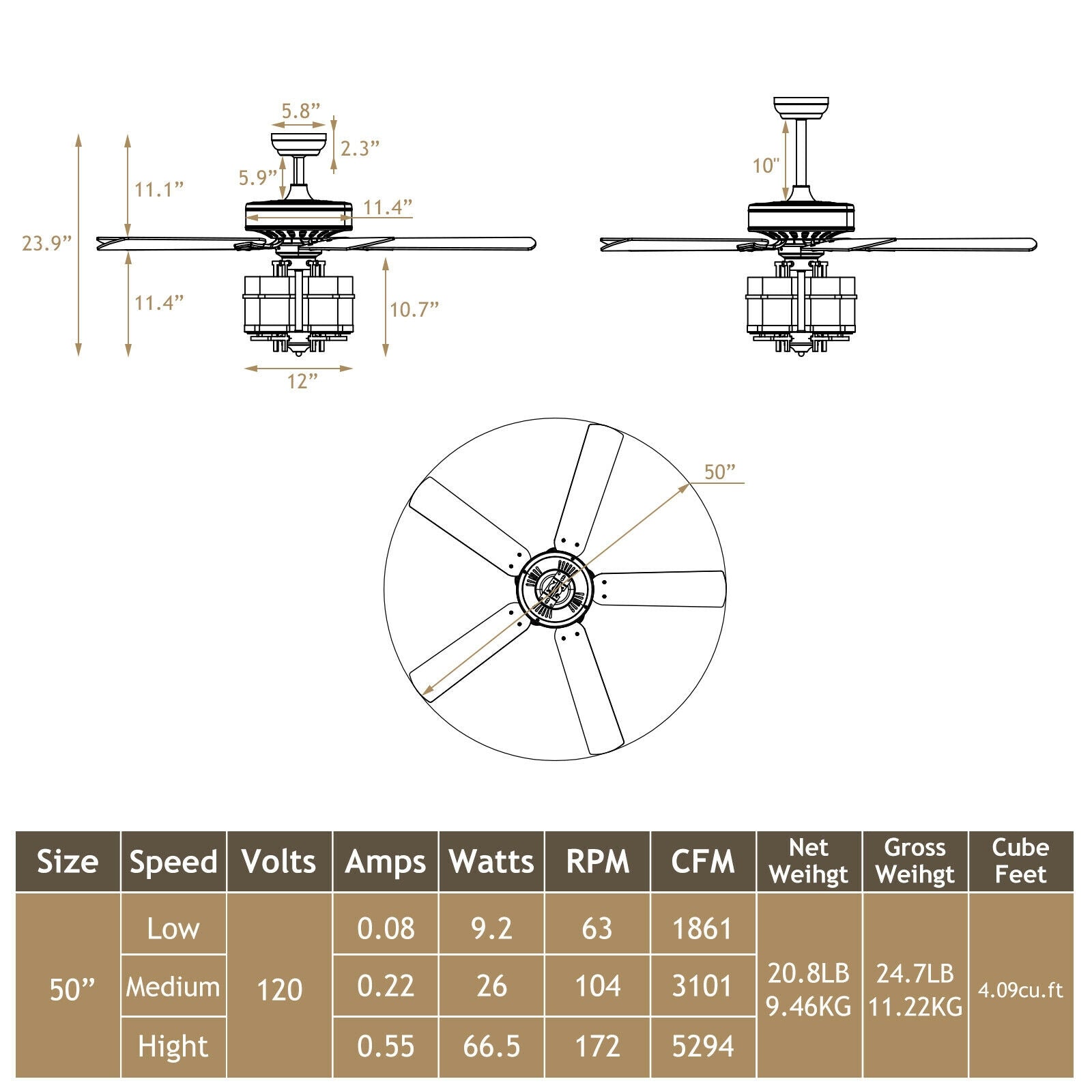 50 Inch Noiseless Ceiling Fan Light with Explosion-proof Glass Lampshades-Black