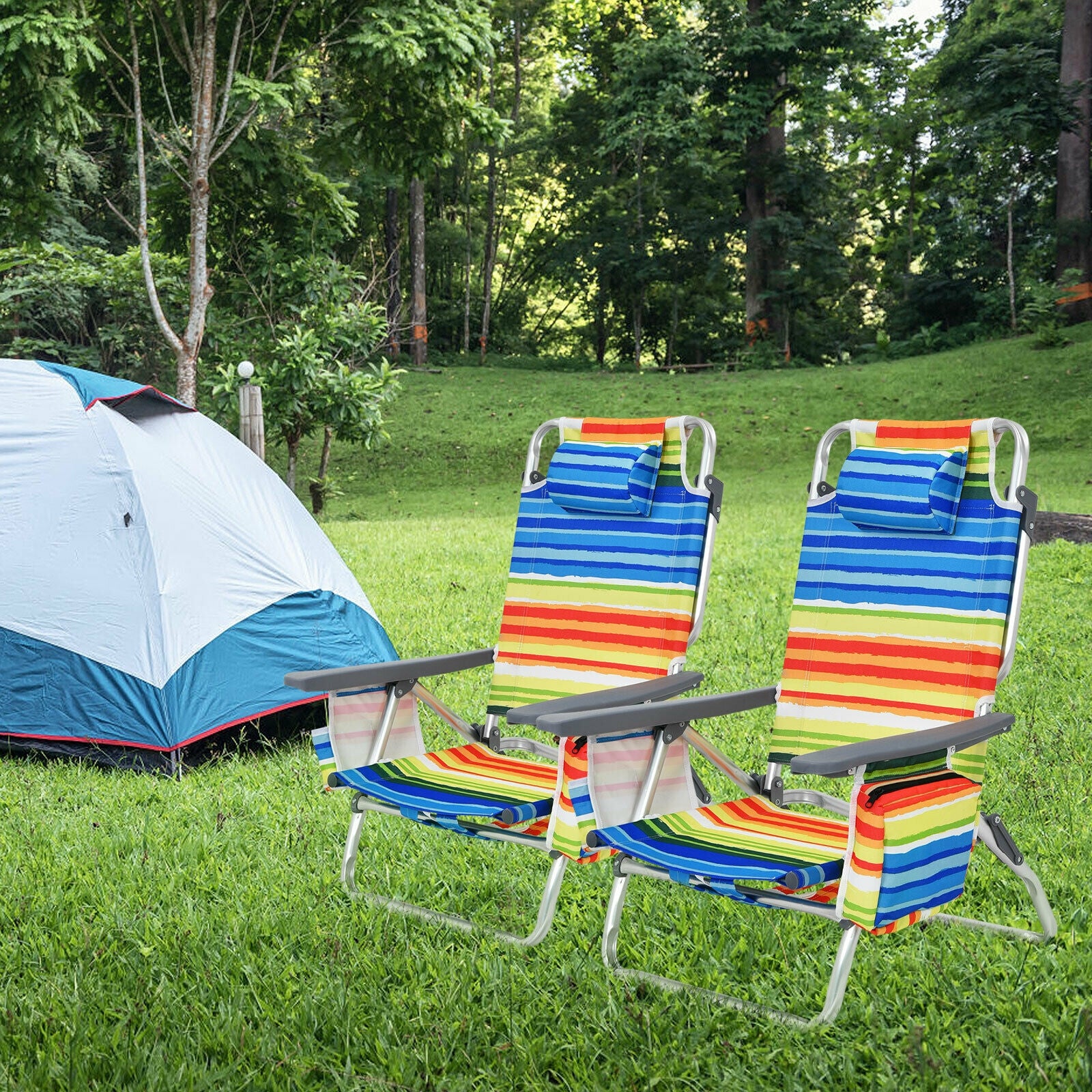 2-Pack Folding Backpack Beach Chair 5-Position Outdoor Reclining Chairs with Pillow-Yellow