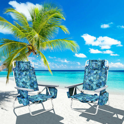 2-Pack Folding Backpack Beach Chair 5-Position Outdoor Reclining Chairs with Pillow-Navy 