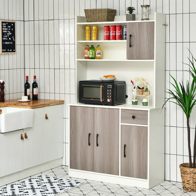 4-Door Freestanding Kitchen Buffet with Hutch and Adjustable Shelves-White 