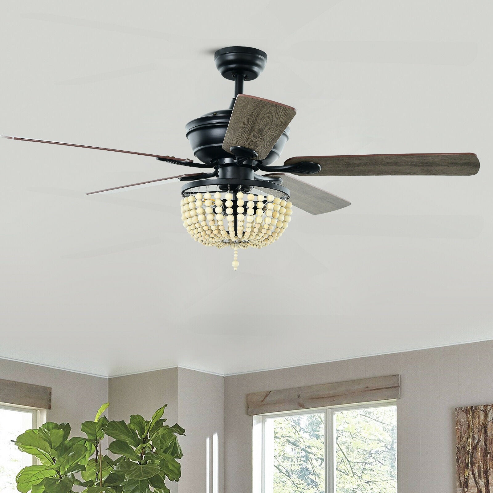 52 Inch Retro Ceiling Fan Light with Reversible Blades Remote Control-Black