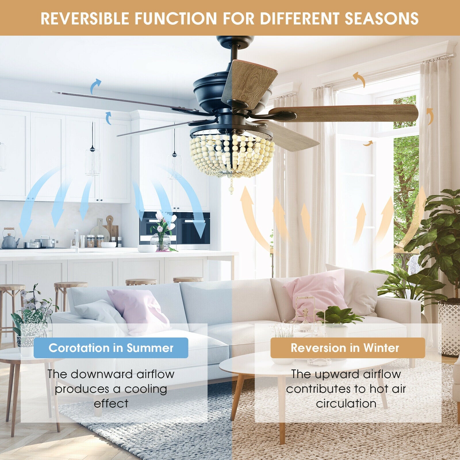 52 Inch Retro Ceiling Fan Light with Reversible Blades Remote Control-Black