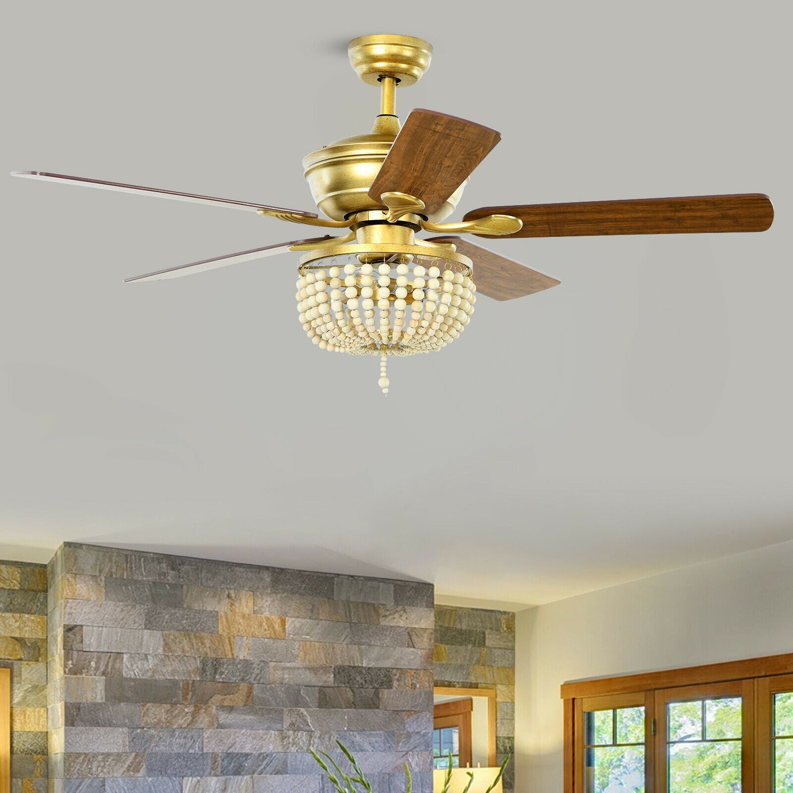 52 Inch Retro Ceiling Fan Light with Reversible Blades Remote Control-Golden