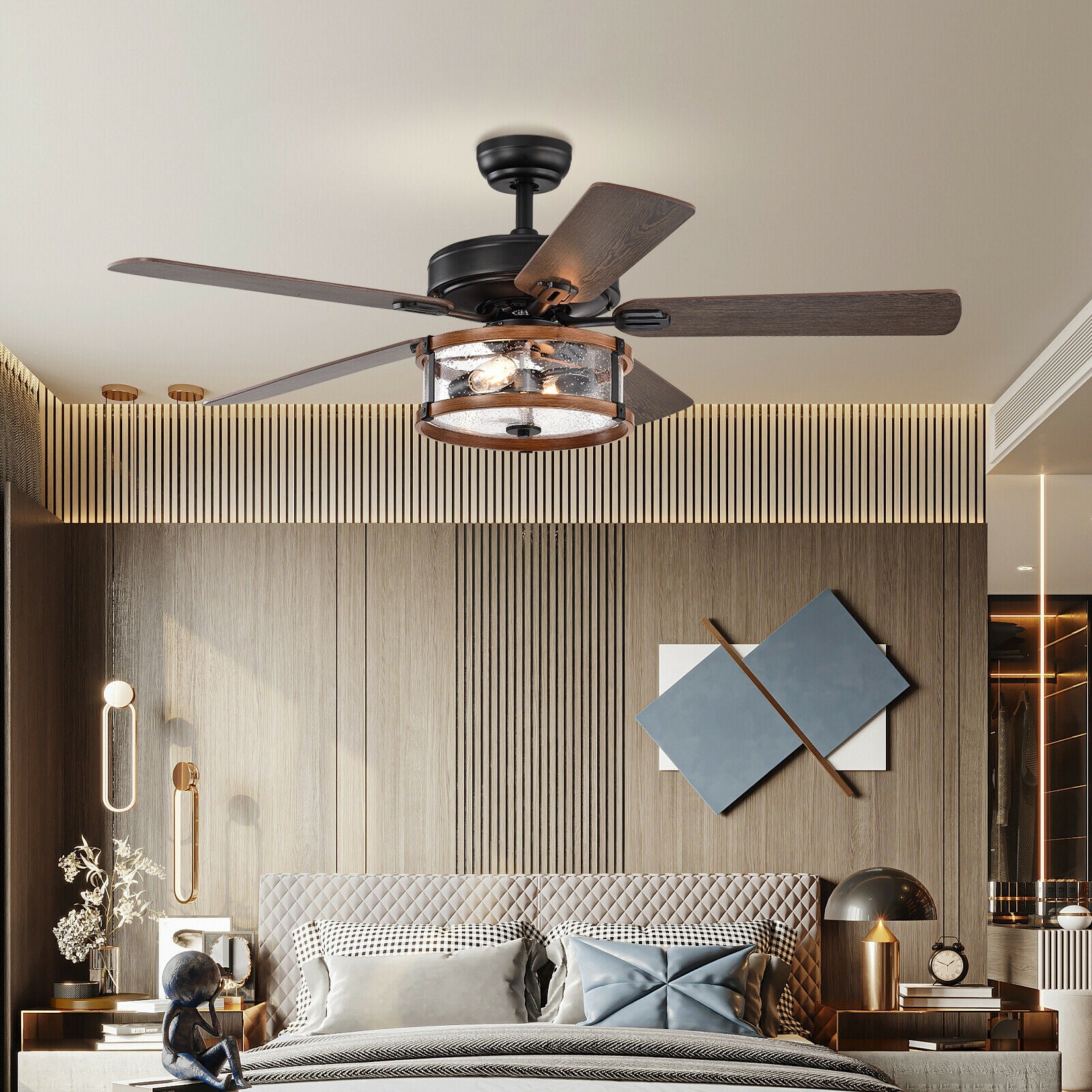 52" Retro Ceiling Fan Lamp with Glass Shade Reversible Blade Remote Control