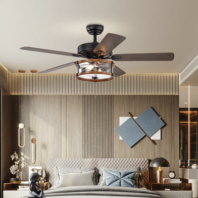52" Retro Ceiling Fan Lamp with Glass Shade Reversible Blade Remote Control 