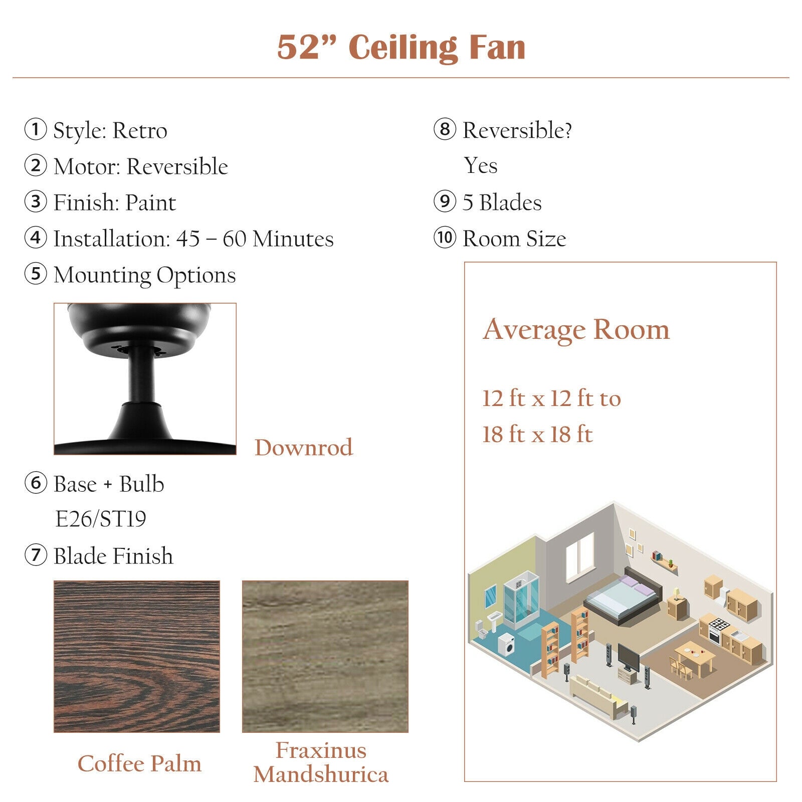 52" Retro Ceiling Fan Lamp with Glass Shade Reversible Blade Remote Control