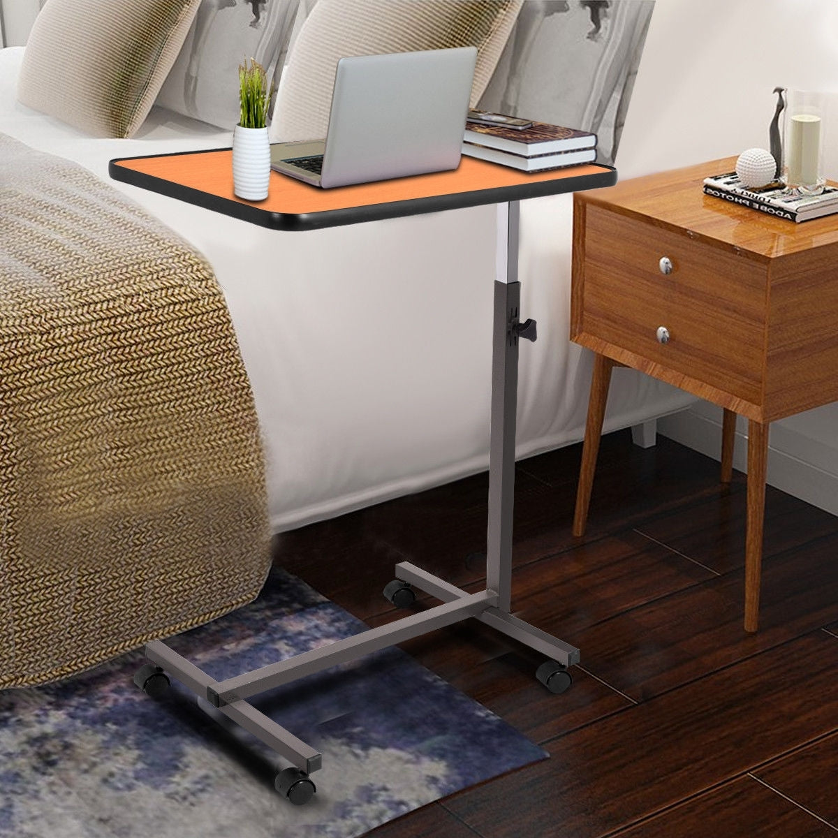 Overbed Rolling Food Tray Table-Natural 