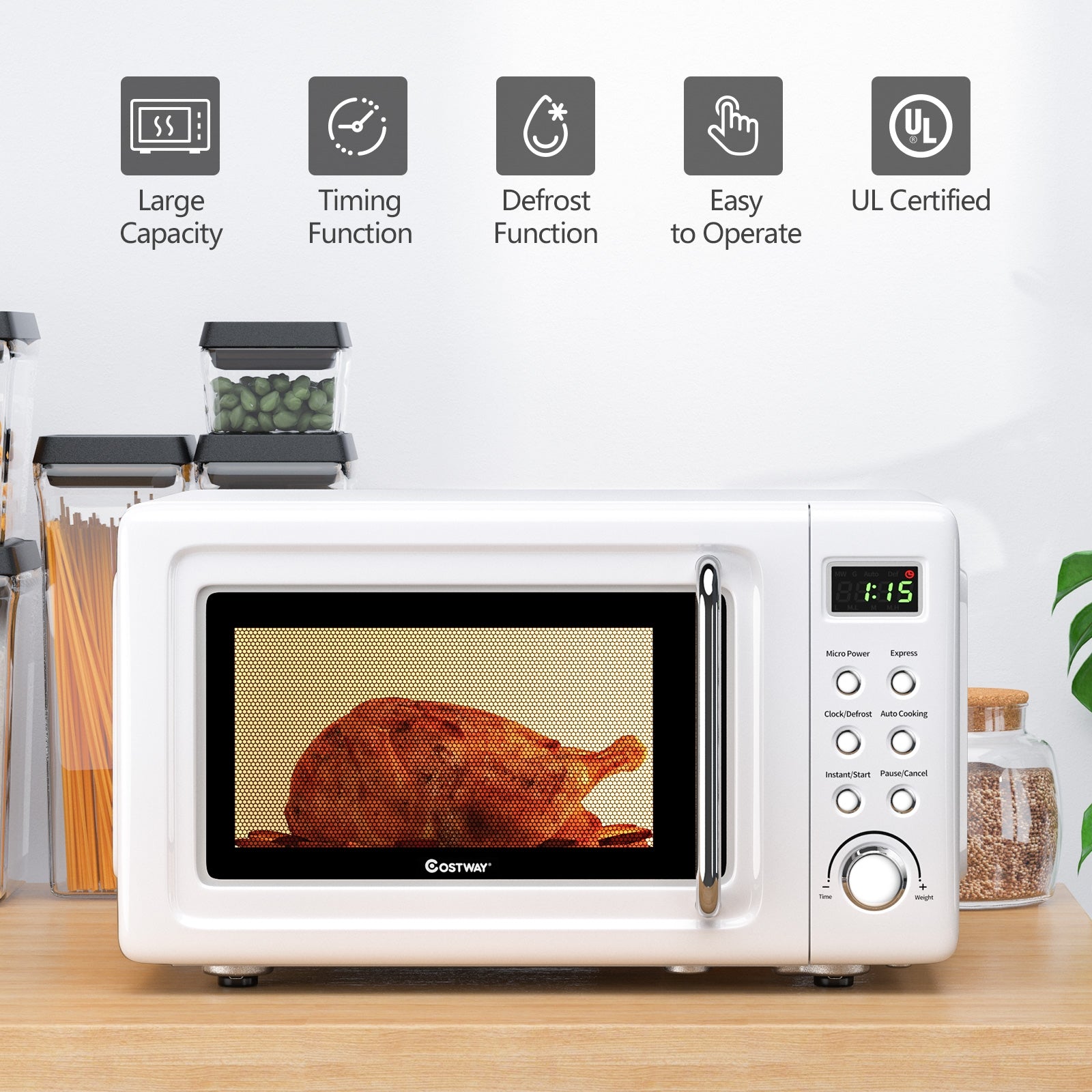 700W Retro Countertop Microwave Oven with 5 Micro Power and Auto Cooking Function-White