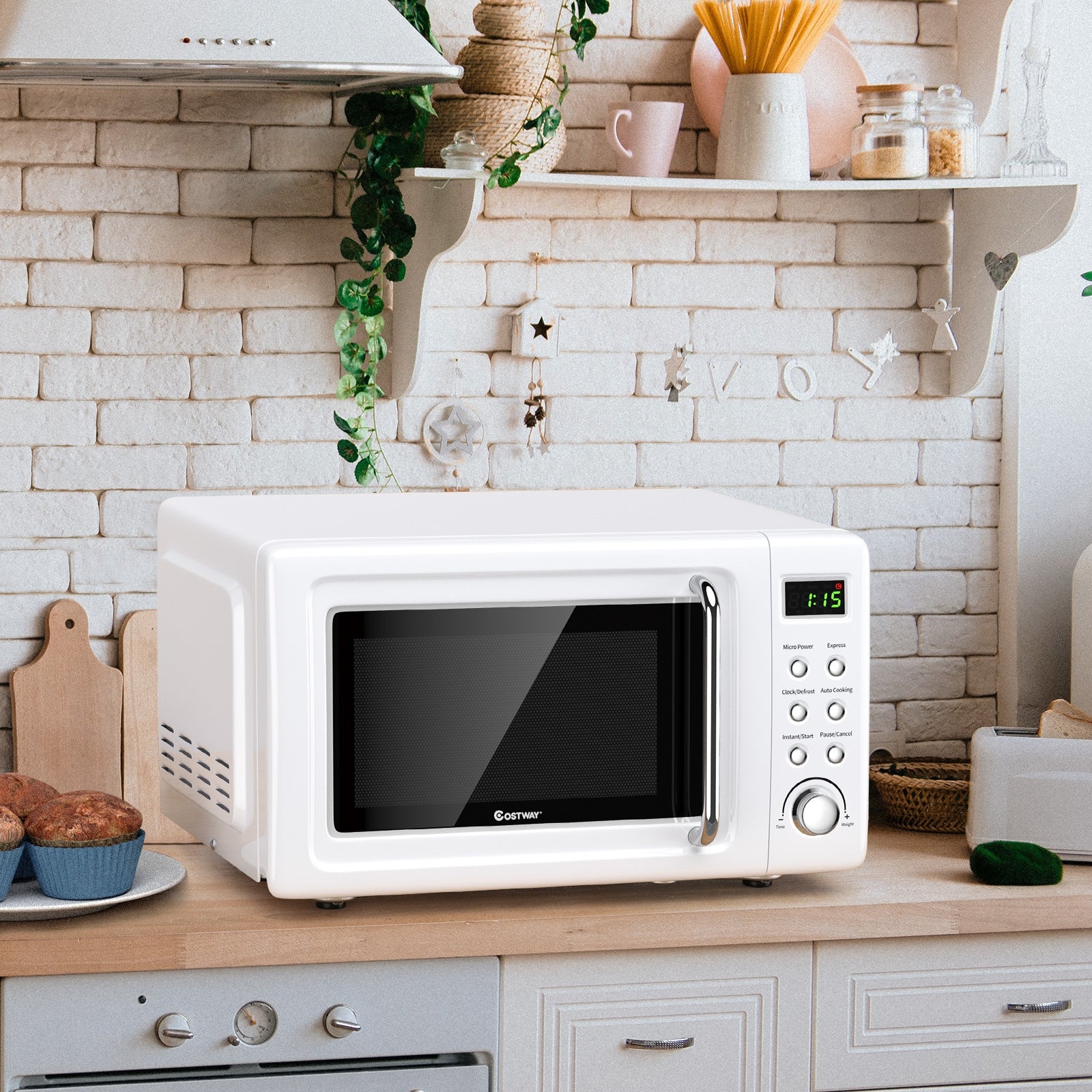 700W Retro Countertop Microwave Oven with 5 Micro Power and Auto Cooking Function-White 