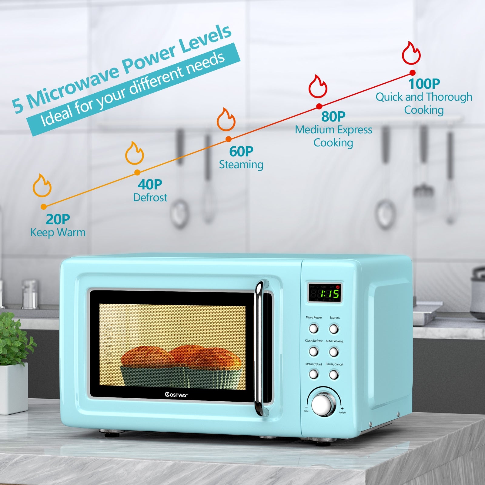 700W Retro Countertop Microwave Oven with 5 Micro Power and Auto Cooking Function-Green