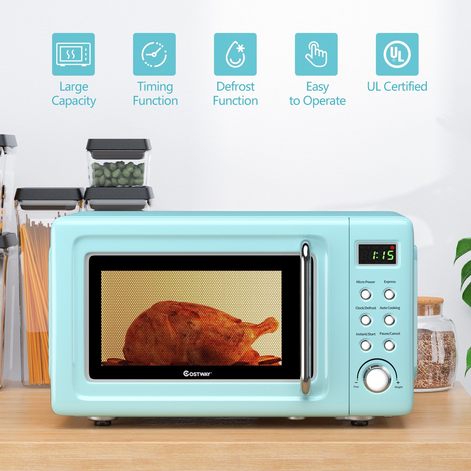 700W Retro Countertop Microwave Oven with 5 Micro Power and Auto Cooking Function-Green 