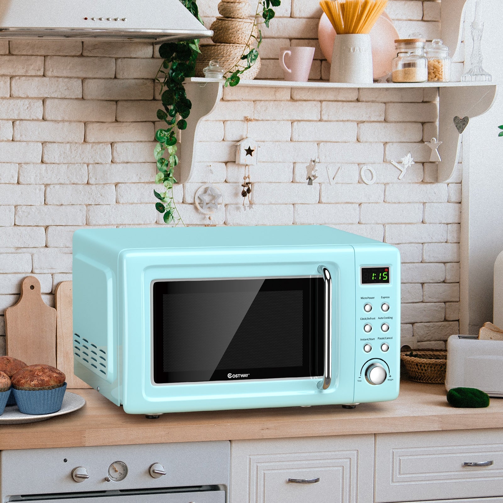 700W Retro Countertop Microwave Oven with 5 Micro Power and Auto Cooking Function-Green