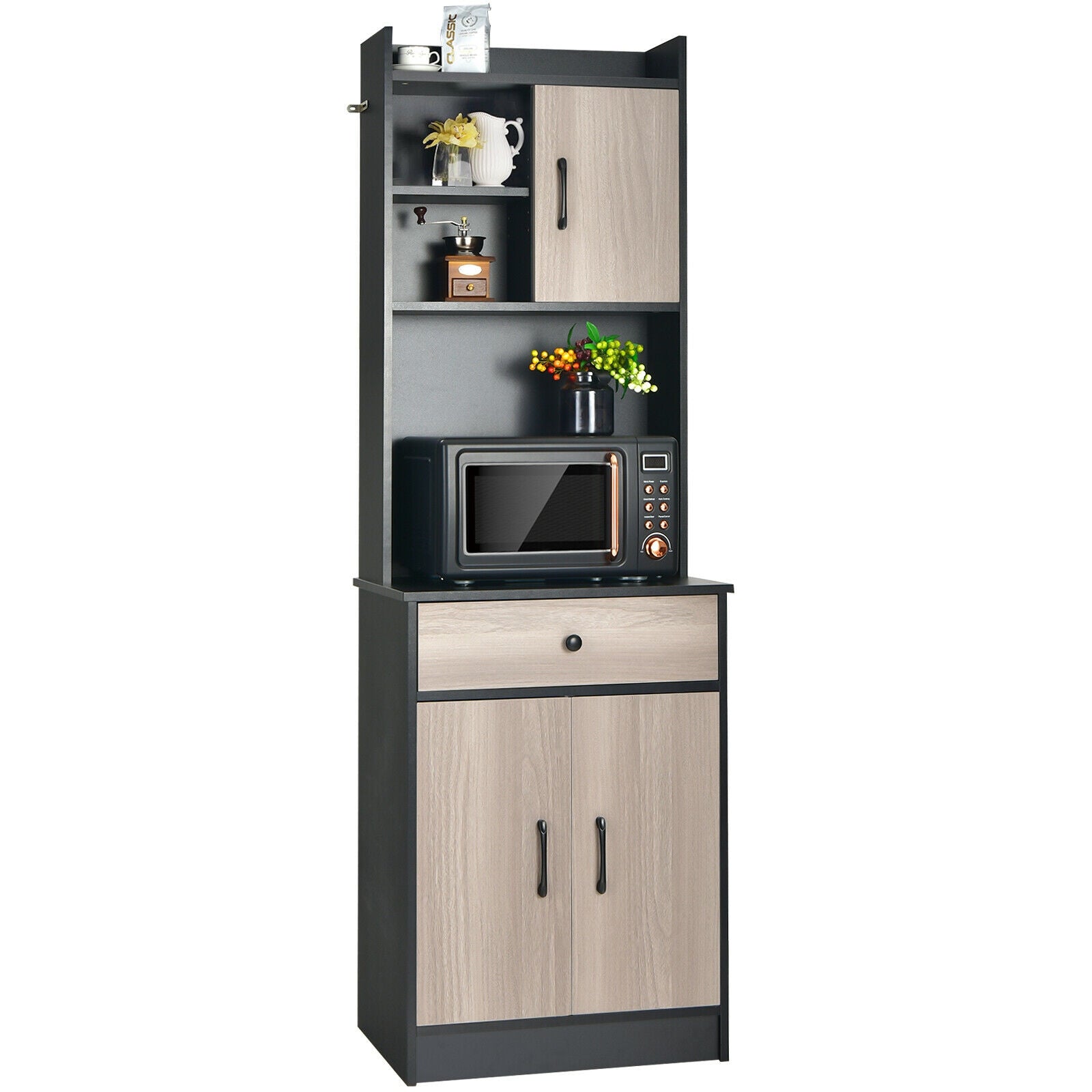 3-Door 71 Inch Kitchen Buffet Pantry Storage Cabinet with Hutch and Adjustable Shelf-Black