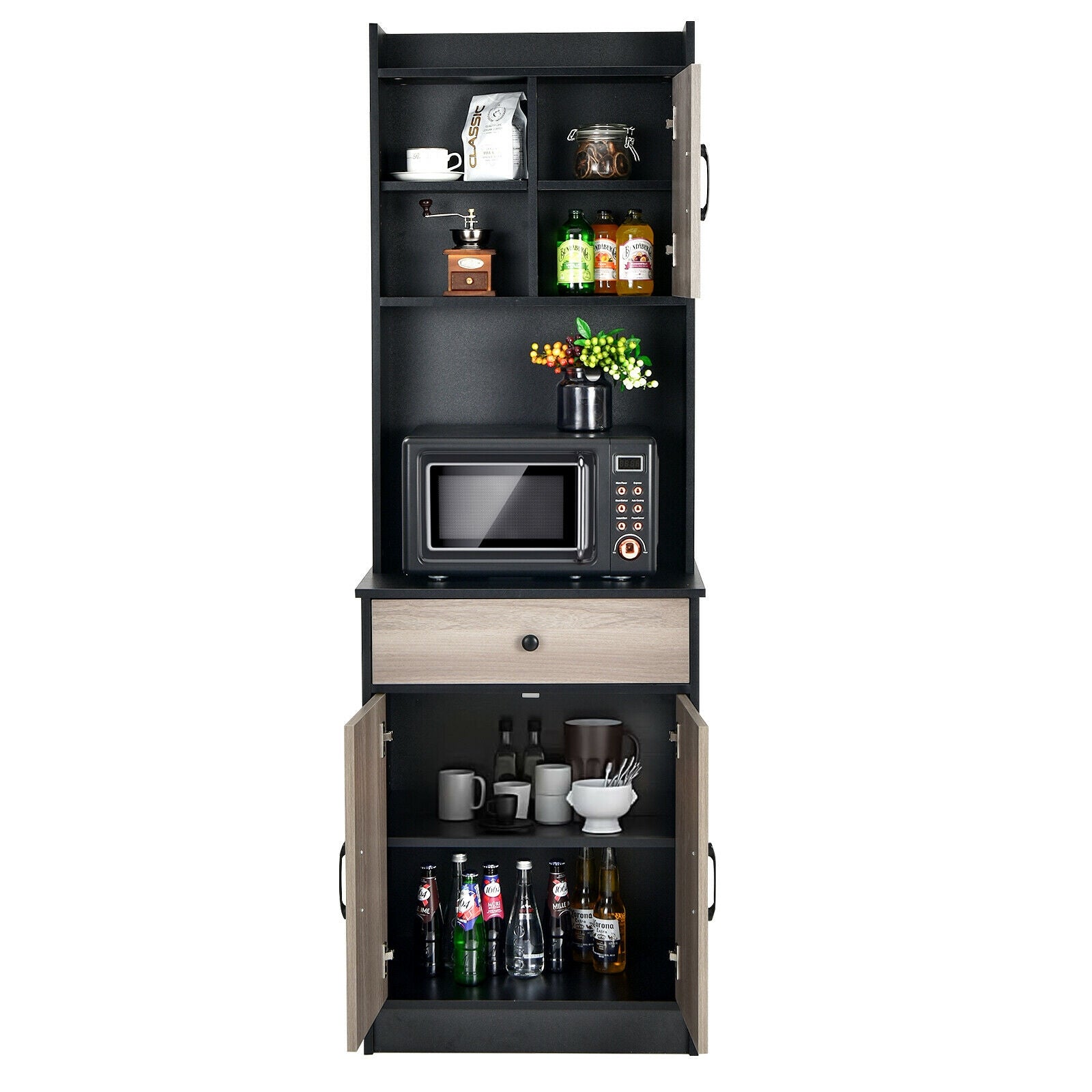 3-Door 71 Inch Kitchen Buffet Pantry Storage Cabinet with Hutch and Adjustable Shelf-Black