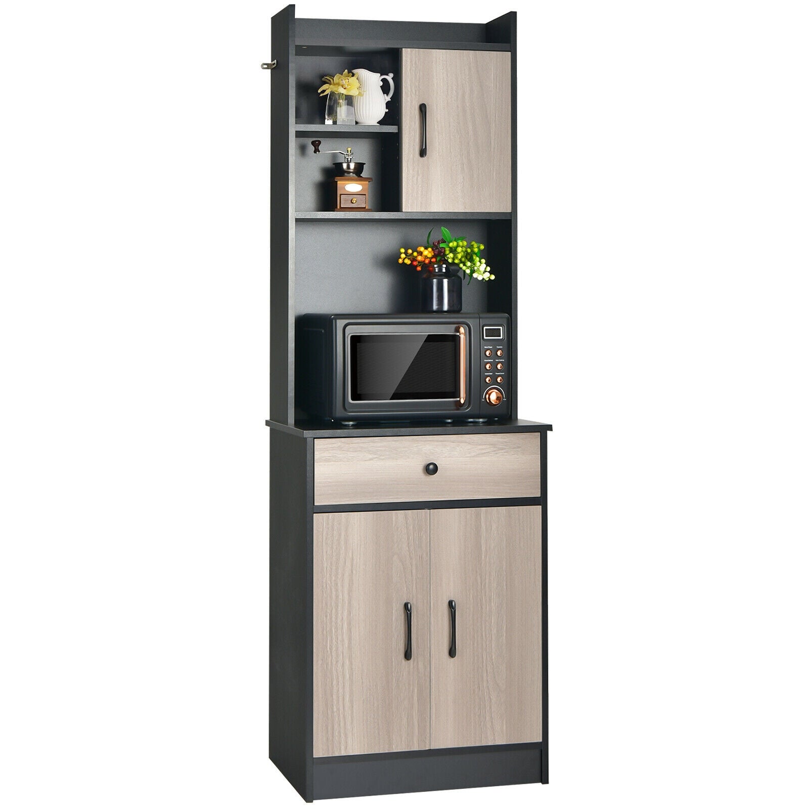 3-Door 71 Inch Kitchen Buffet Pantry Storage Cabinet with Hutch and Adjustable Shelf-Black