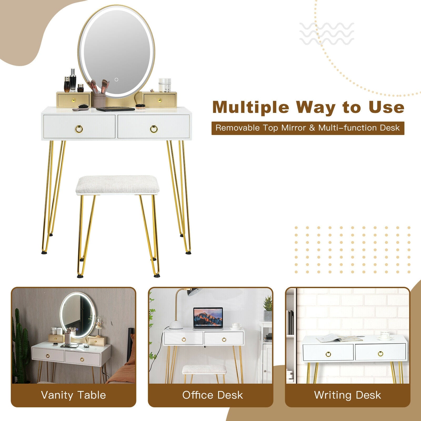 Vanity Table Set with 3-Color Lighted Dimmable Mirror-White