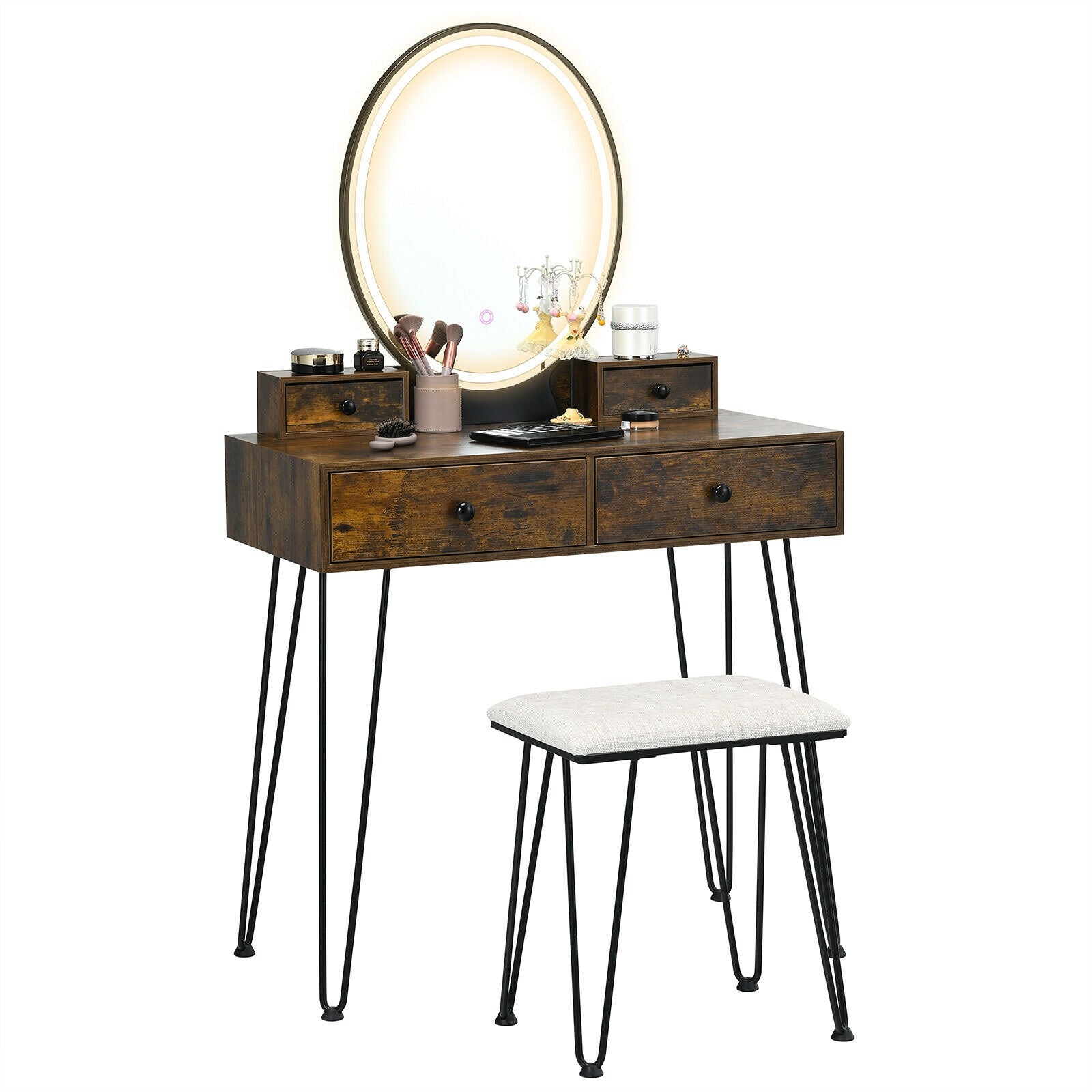 Vanity Table Set with 3-Color Lighted Dimmable Mirror-Brown