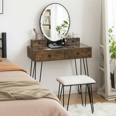 Vanity Table Set with 3-Color Lighted Dimmable Mirror-Brown 