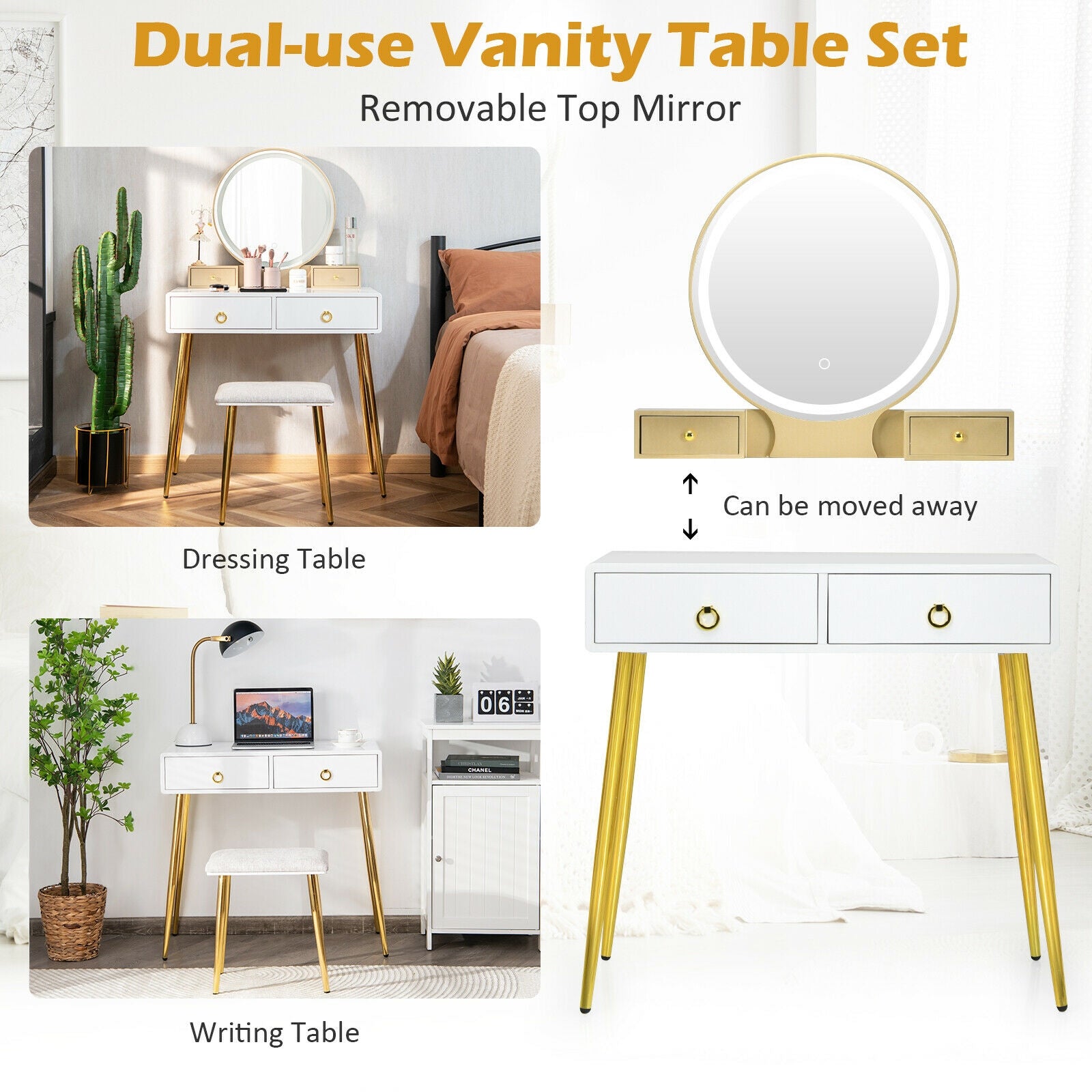 Vanity Table Set with Mirror-White