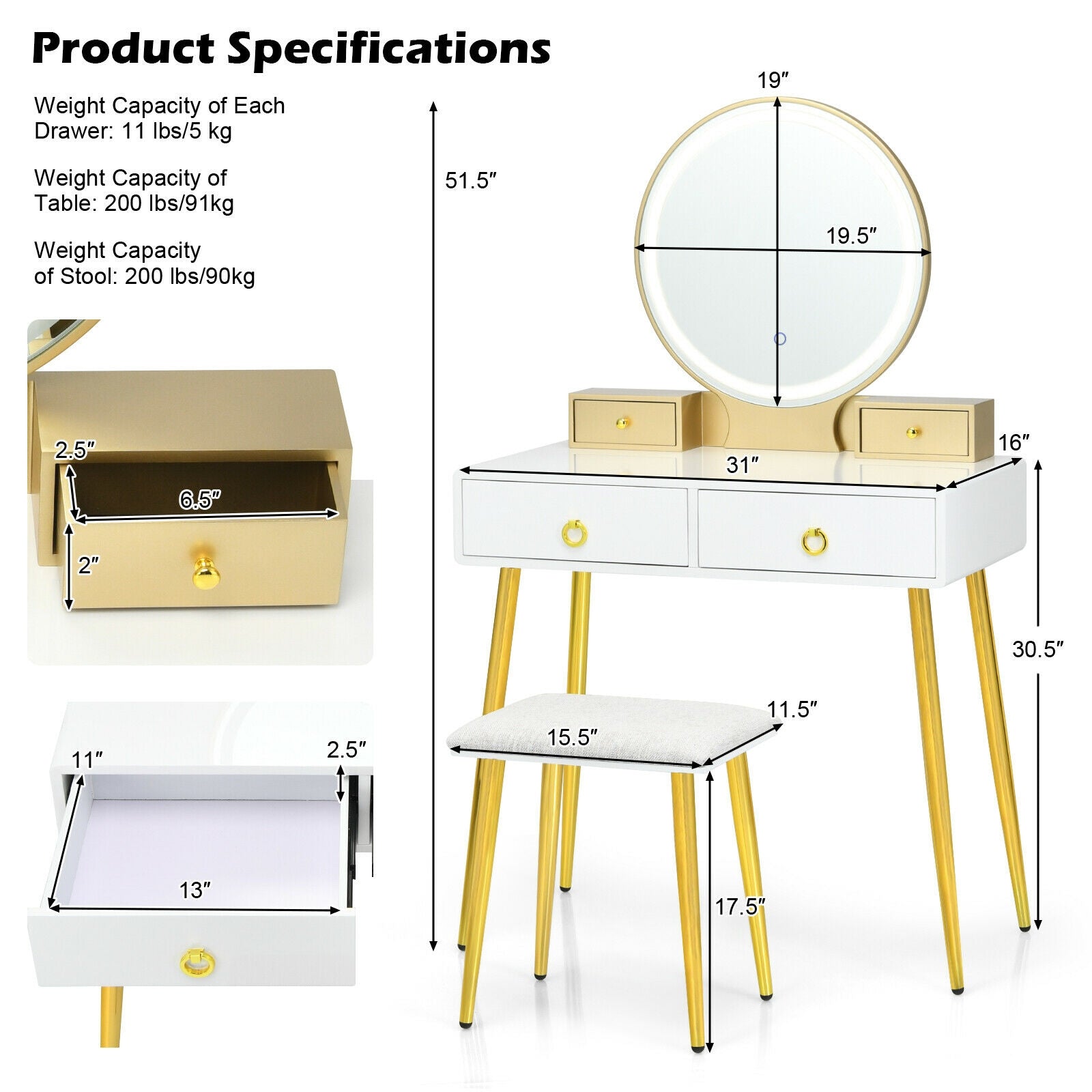 Vanity Table Set with Mirror-White