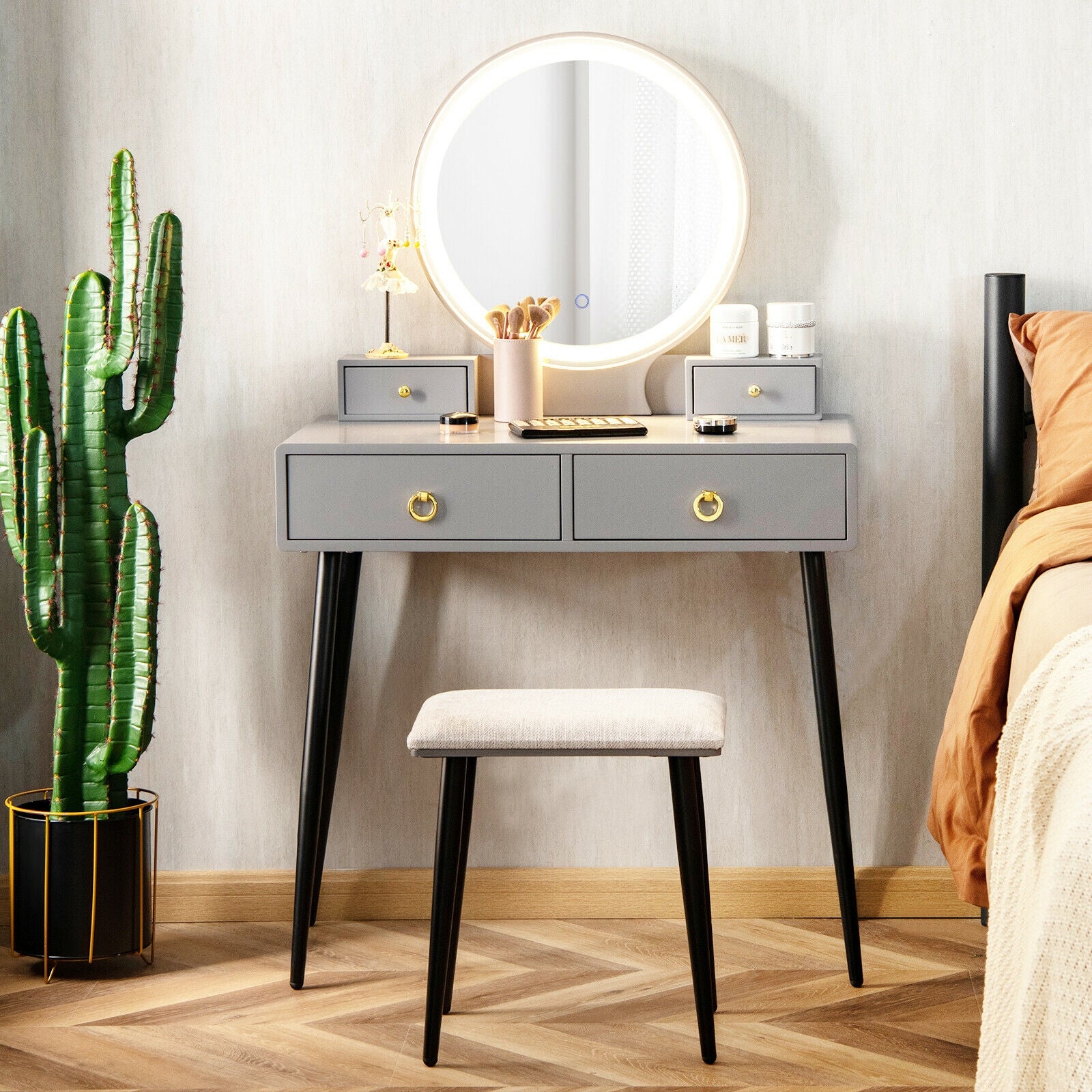 Vanity Table Set with Mirror-Gray