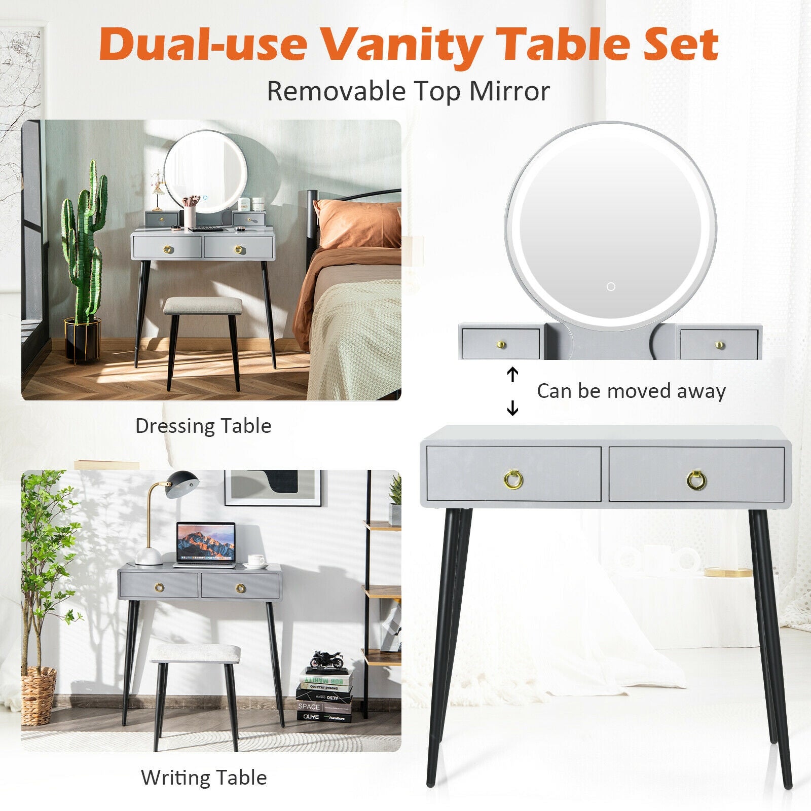 Vanity Table Set with Mirror-Gray