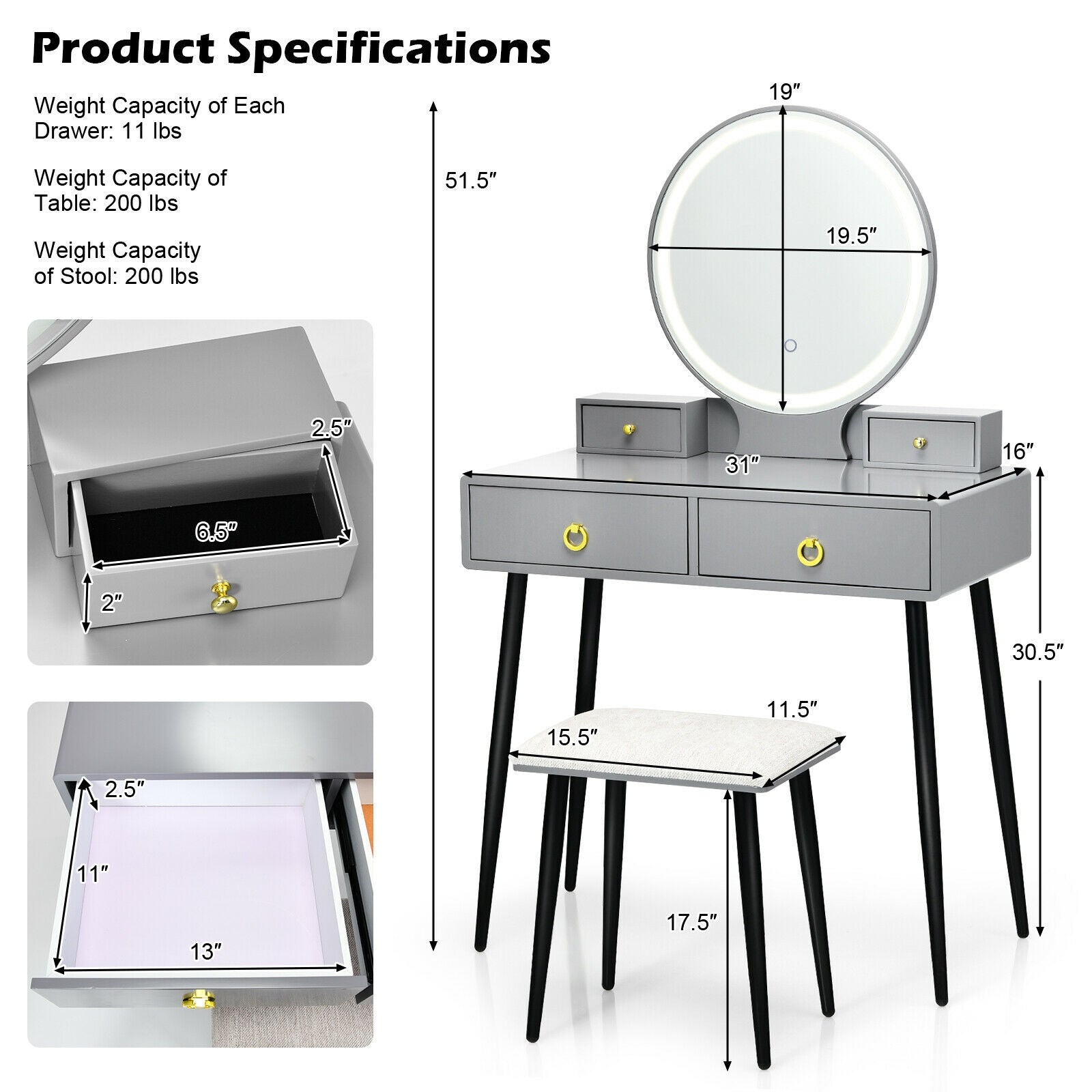 Vanity Table Set with Mirror-Gray