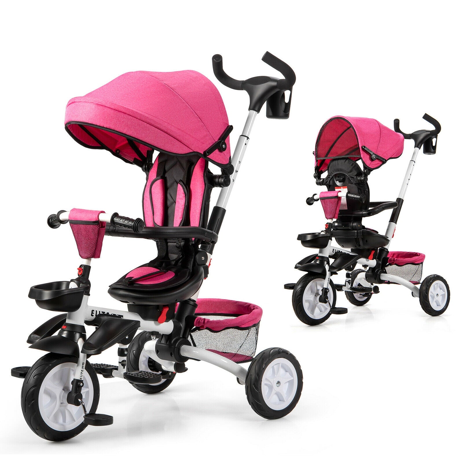 6-in-1 Detachable Kids Baby Stroller Tricycle with Canopy and Safety Harness-Pink