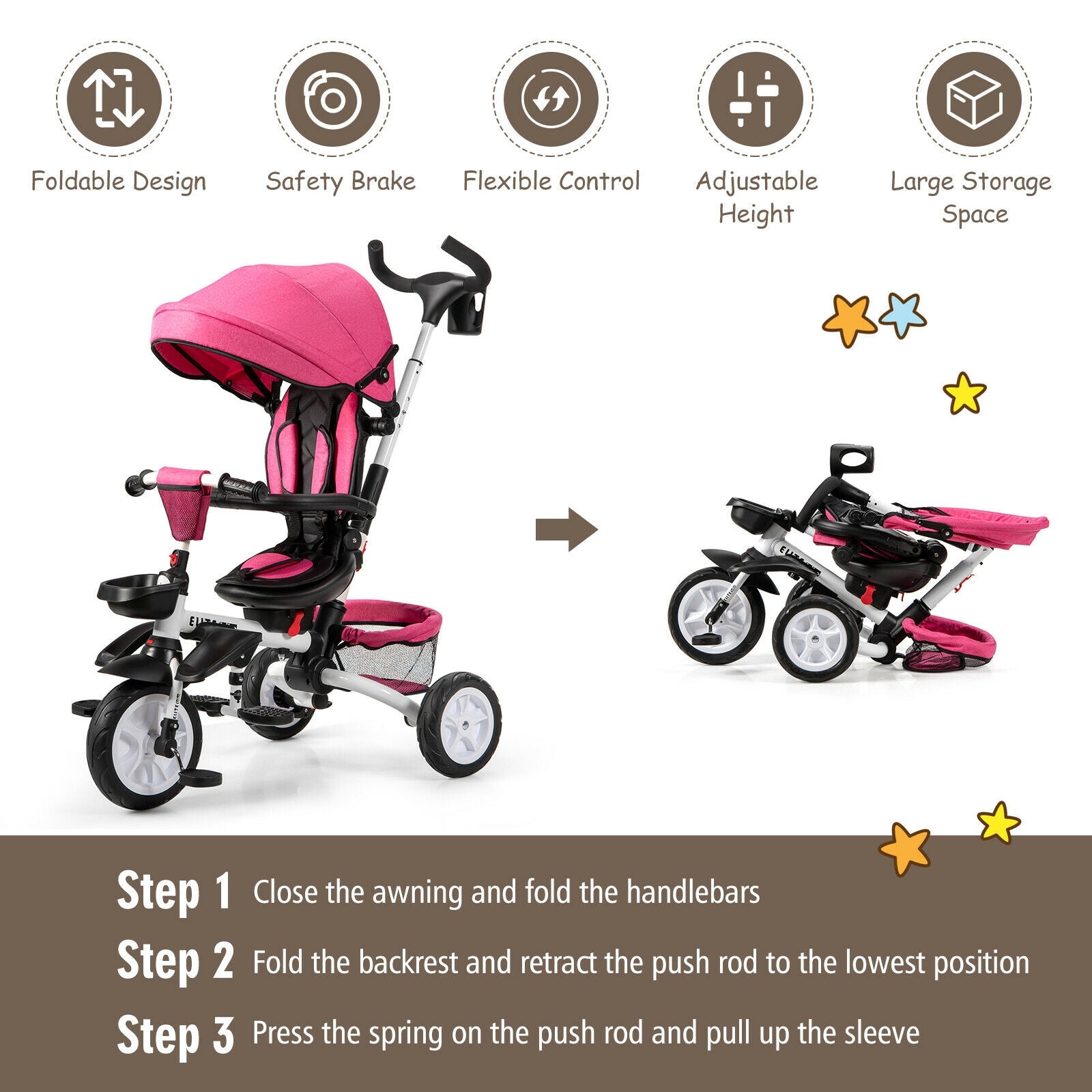 6-in-1 Detachable Kids Baby Stroller Tricycle with Canopy and Safety Harness-Pink