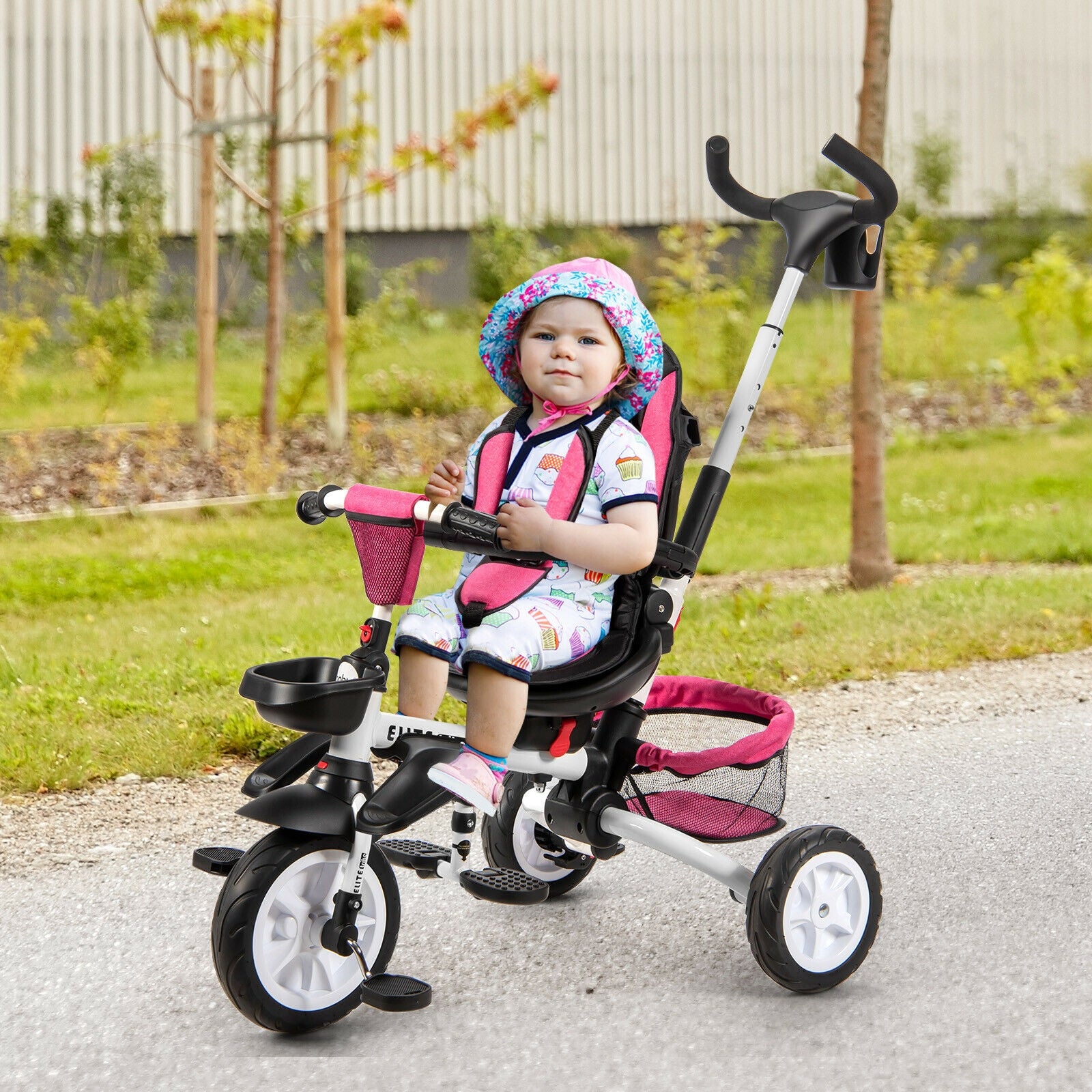 6-in-1 Detachable Kids Baby Stroller Tricycle with Canopy and Safety Harness-Pink 