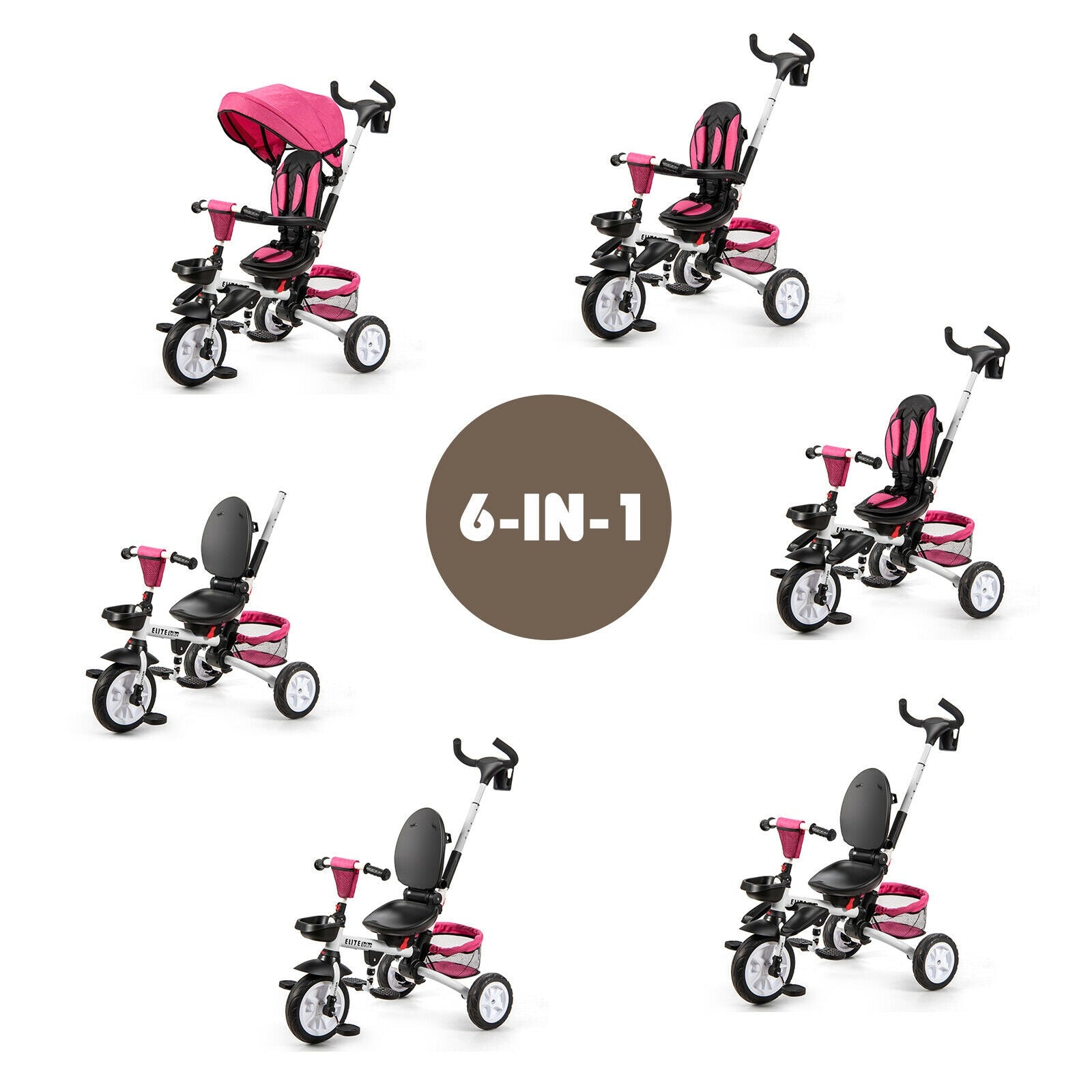 6-in-1 Detachable Kids Baby Stroller Tricycle with Canopy and Safety Harness-Pink