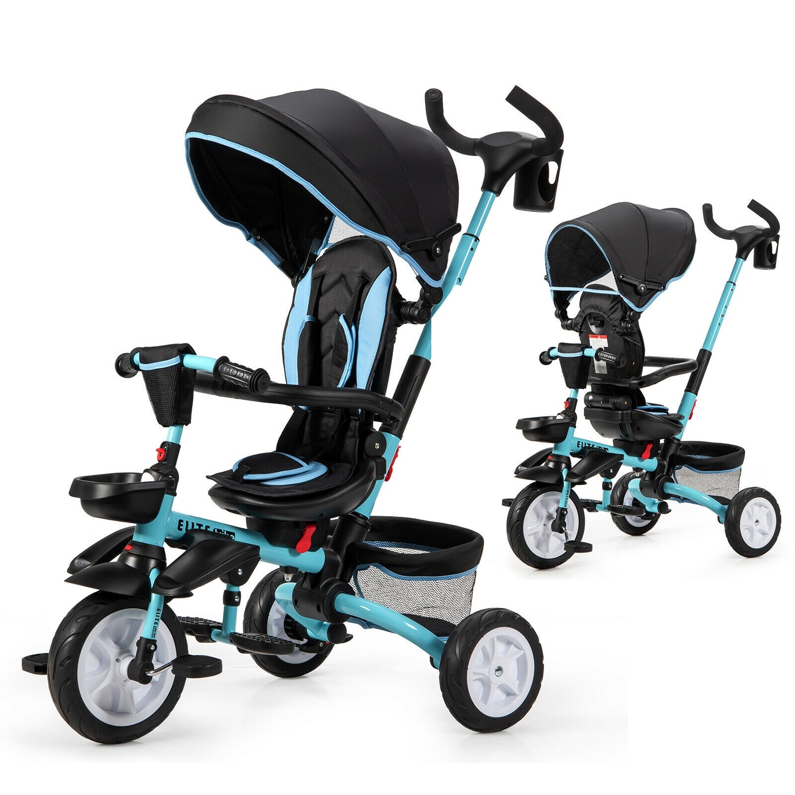 6-in-1 Detachable Kids Baby Stroller Tricycle with Canopy and Safety Harness-Blue