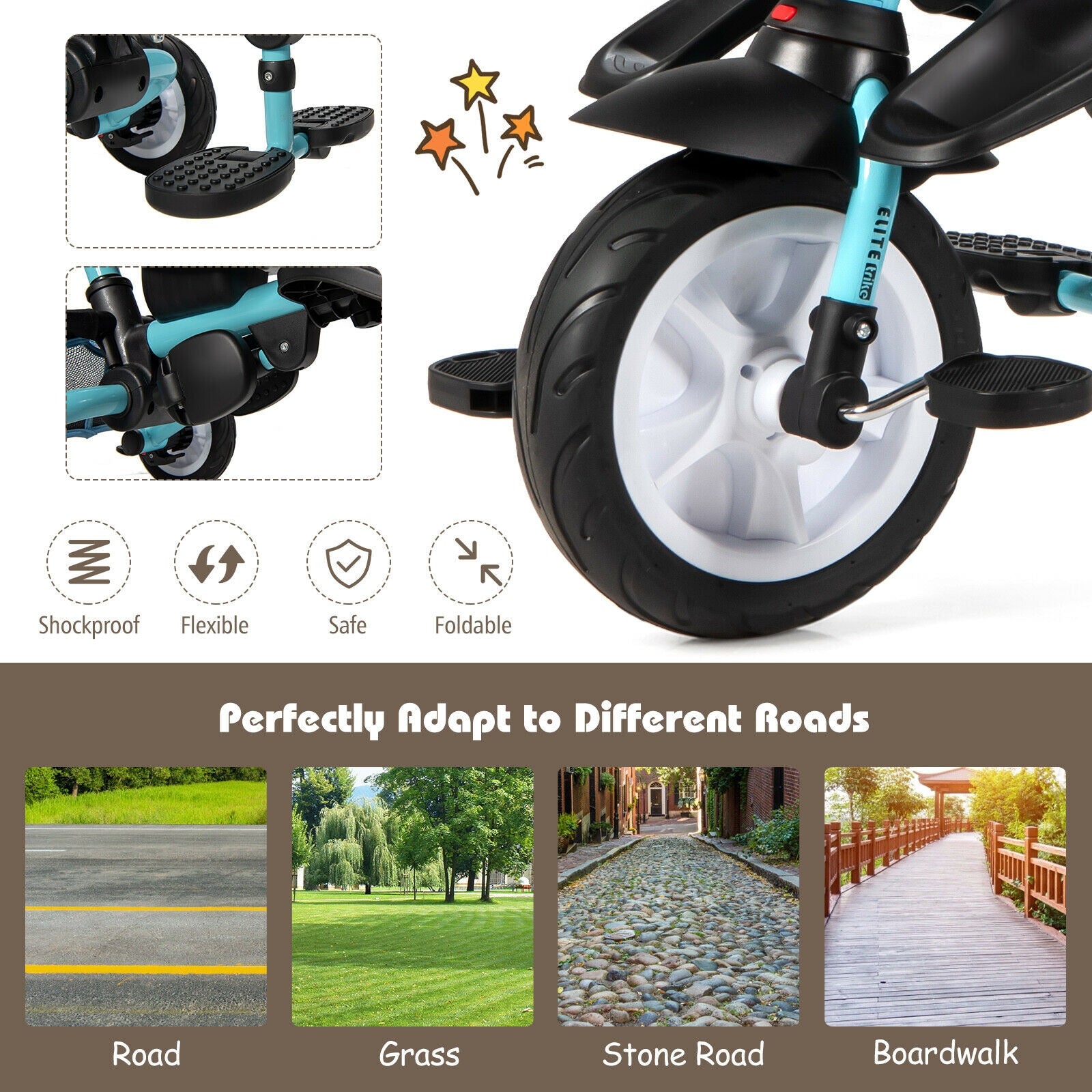 6-in-1 Detachable Kids Baby Stroller Tricycle with Canopy and Safety Harness-Blue