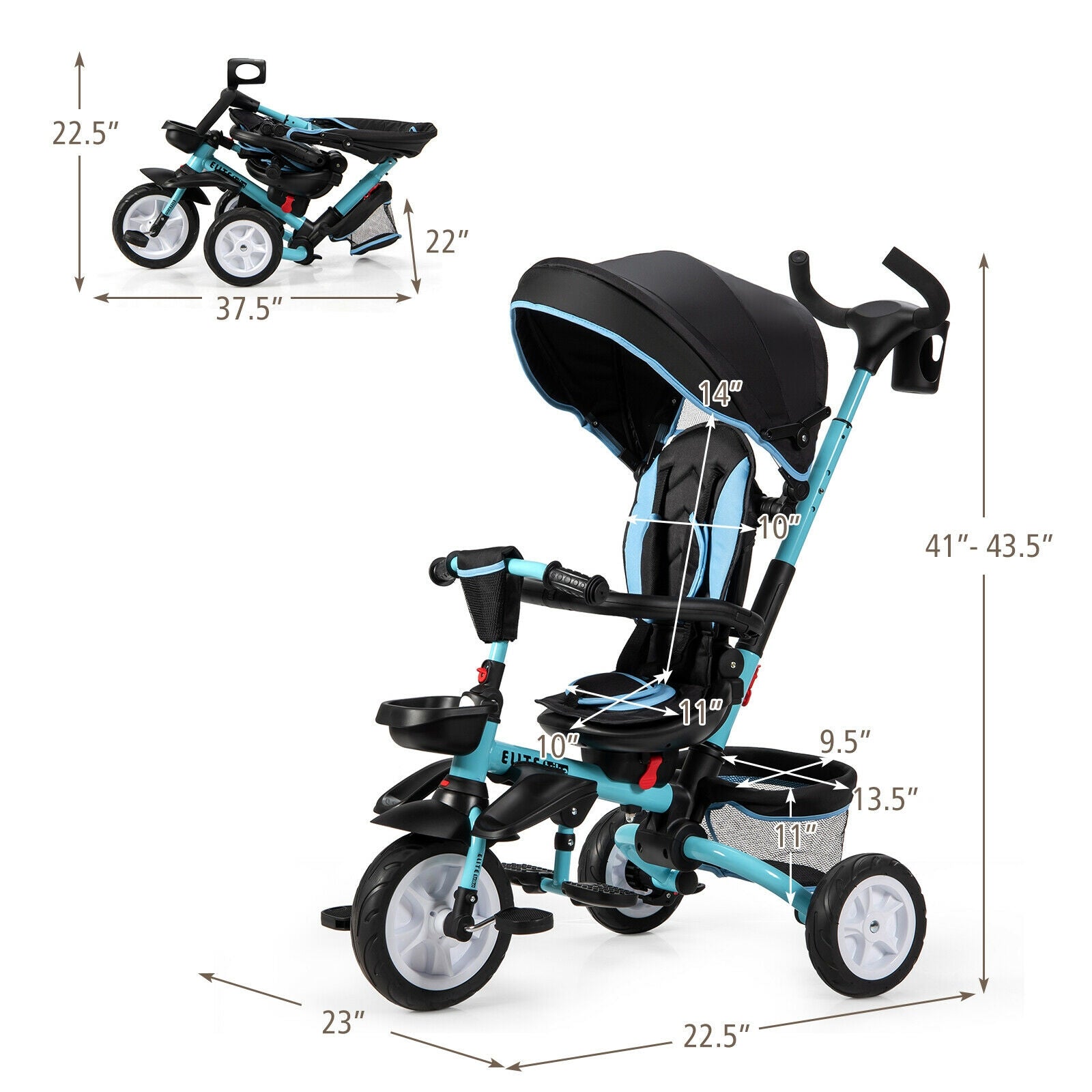 6-in-1 Detachable Kids Baby Stroller Tricycle with Canopy and Safety Harness-Blue