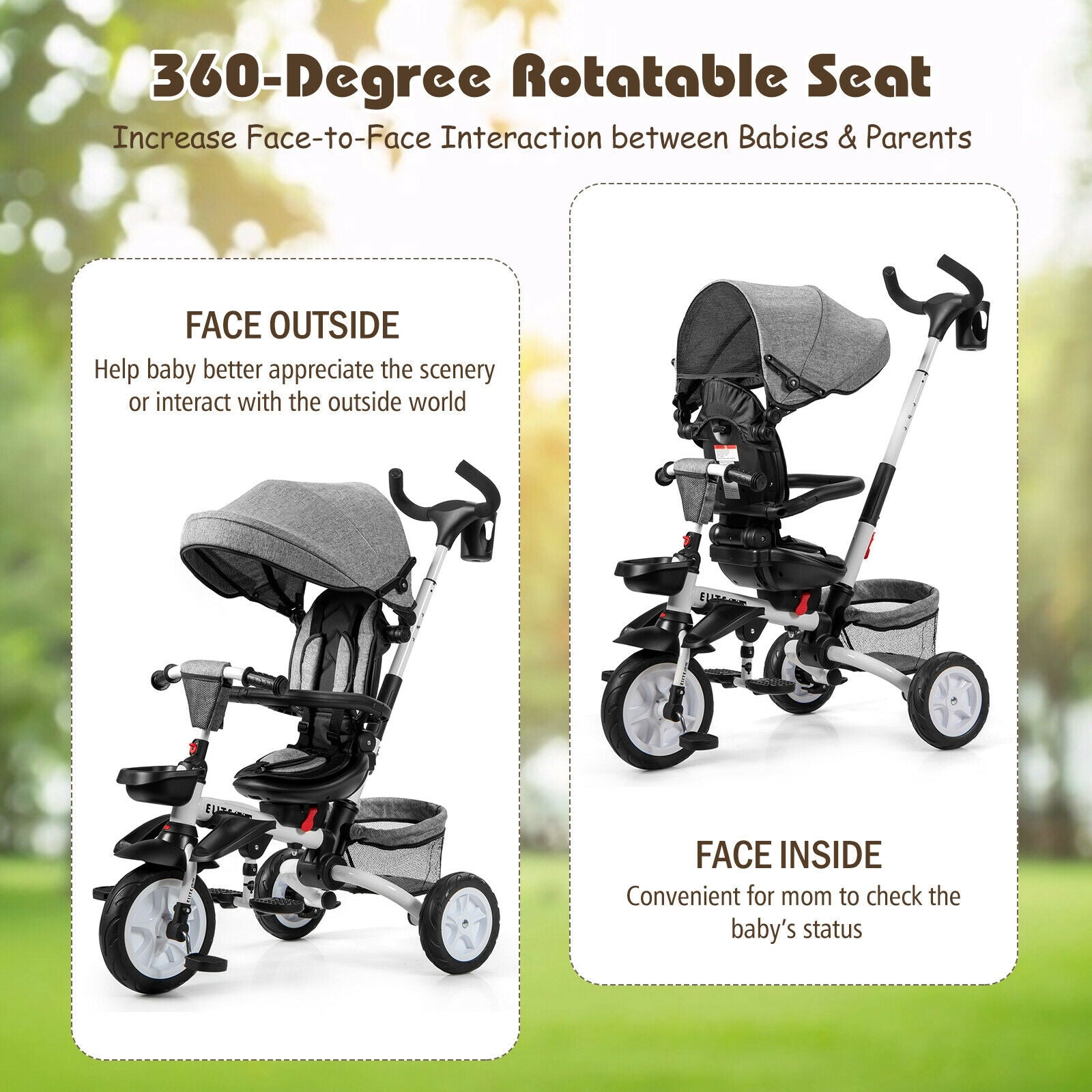 6-in-1 Detachable Kids Baby Stroller Tricycle with Canopy and Safety Harness-Gray