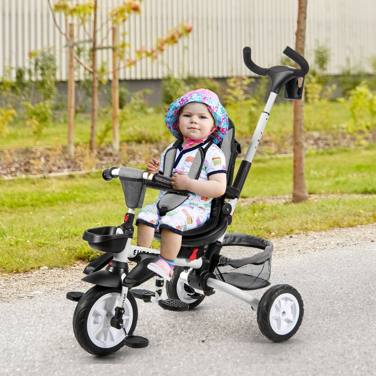 6-in-1 Detachable Kids Baby Stroller Tricycle with Canopy and Safety Harness-Gray 