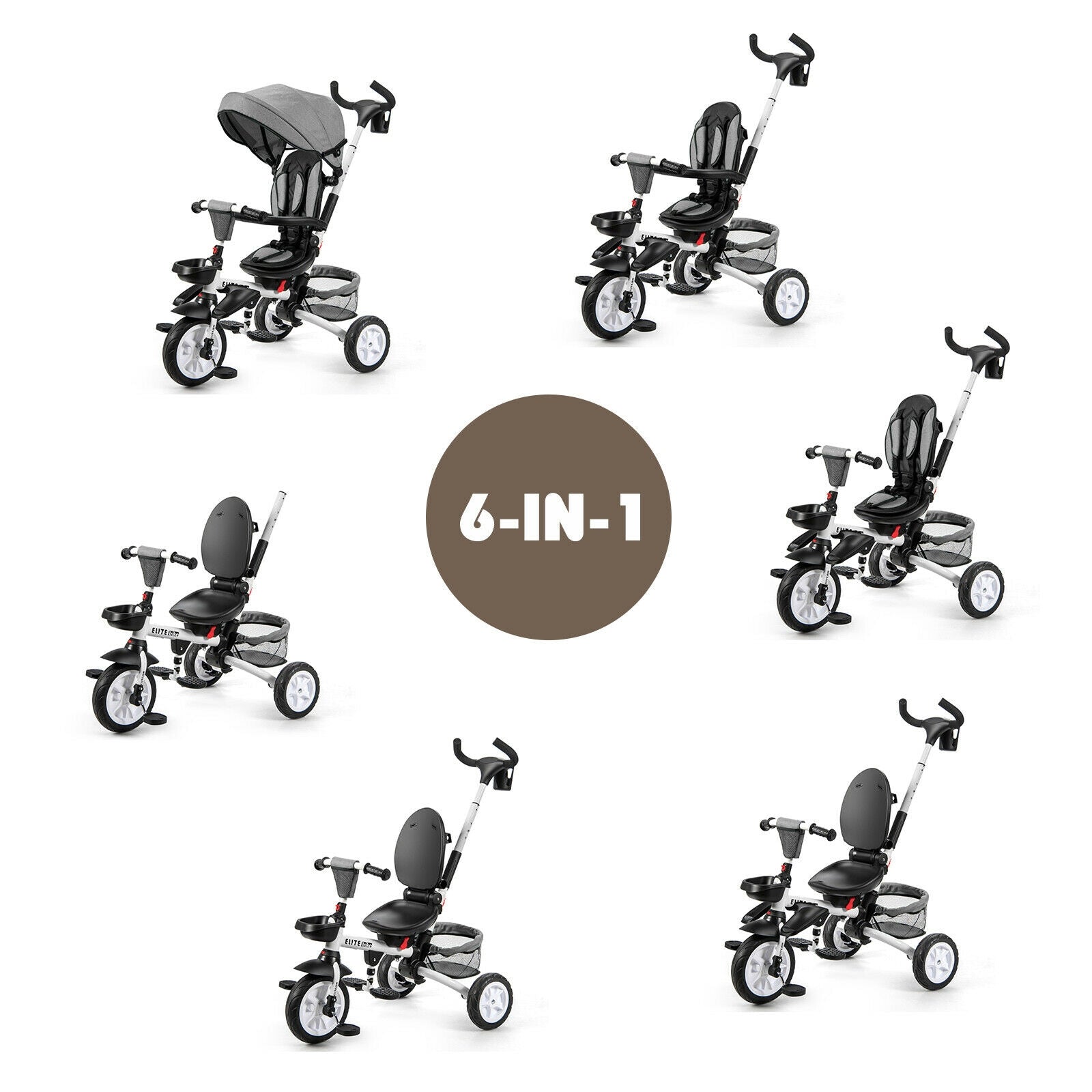 6-in-1 Detachable Kids Baby Stroller Tricycle with Canopy and Safety Harness-Gray