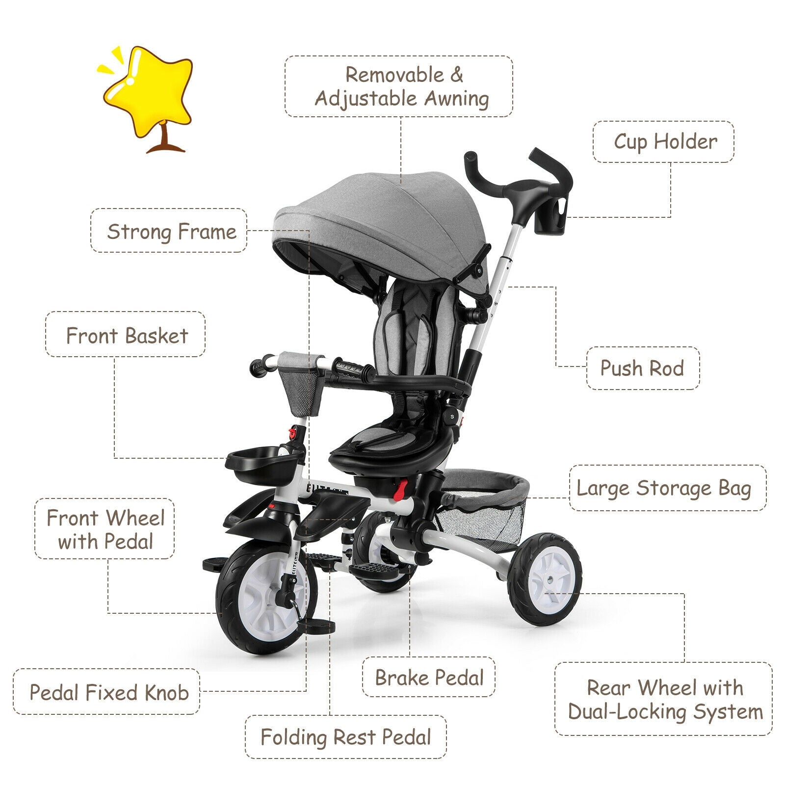 6-in-1 Detachable Kids Baby Stroller Tricycle with Canopy and Safety Harness-Gray