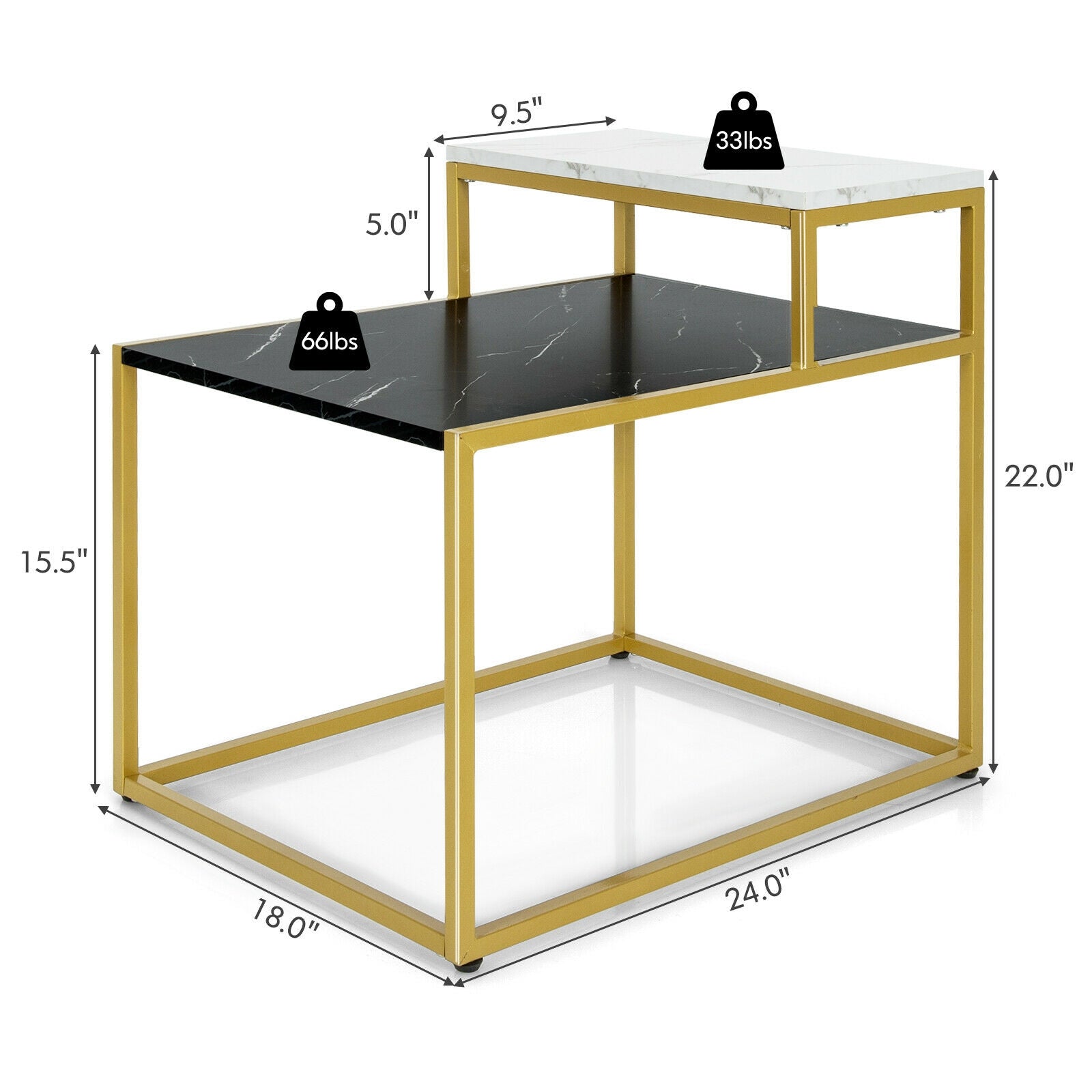 2 Tier End Side Table with  Metal Frame and Storage Shelf for Living Room-White