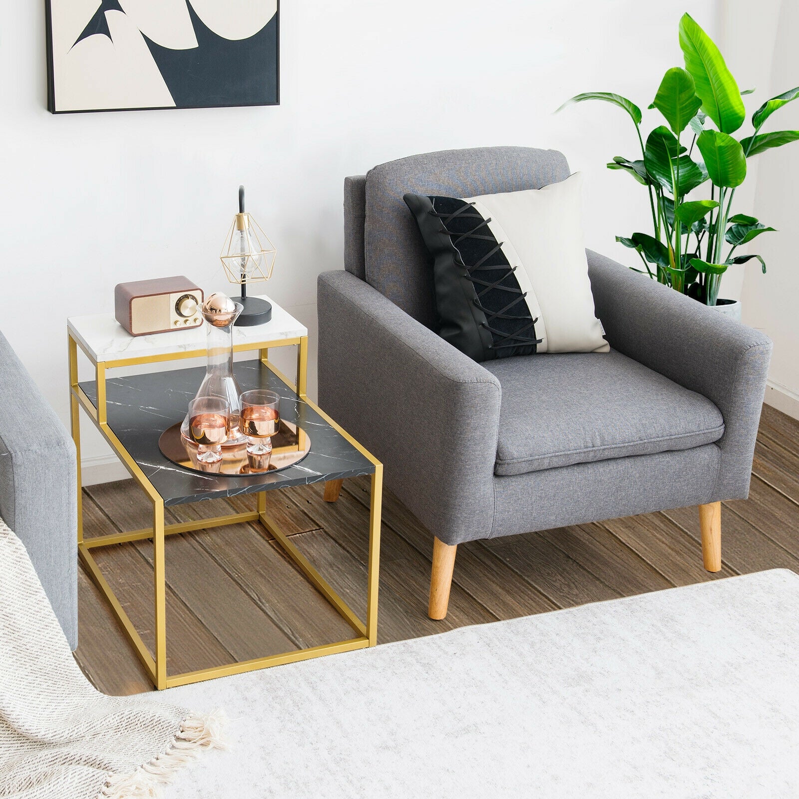 2 Tier End Side Table with  Metal Frame and Storage Shelf for Living Room-White 